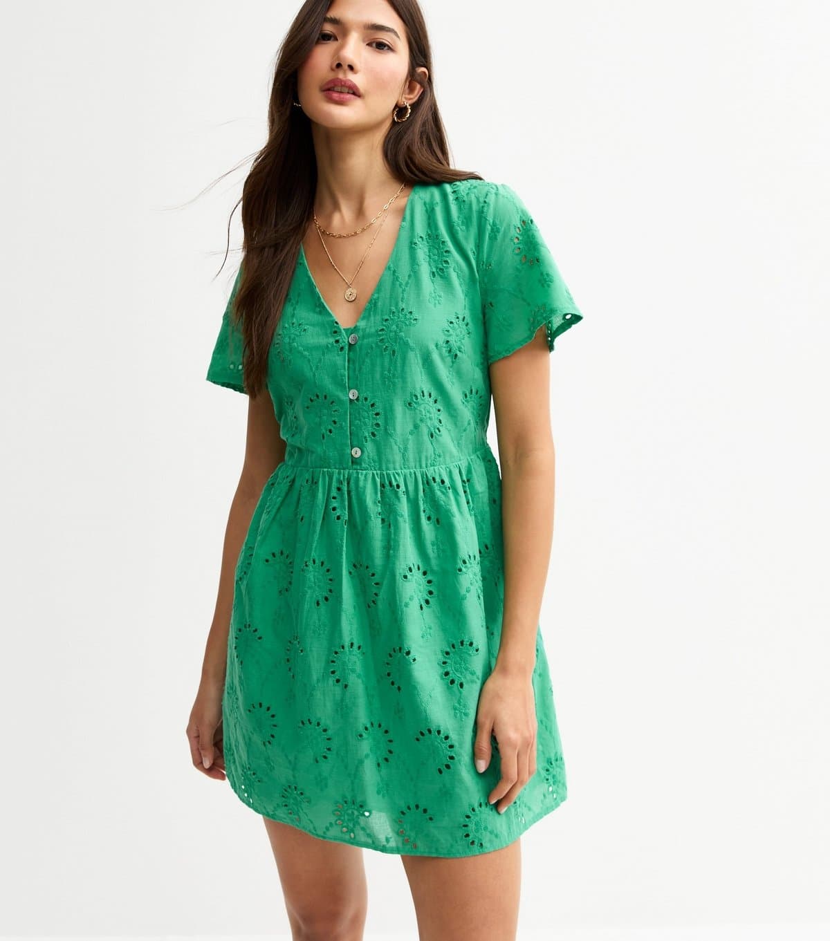 New Look Women's Green Broderie Anglaise V Neck Mini Dress New Look