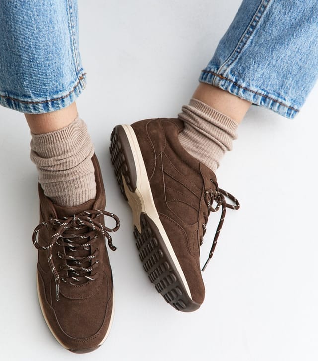 New Look Women's Dark Brown Faux Suede Panelled Lace Up Trainers Vegan New Look - 2