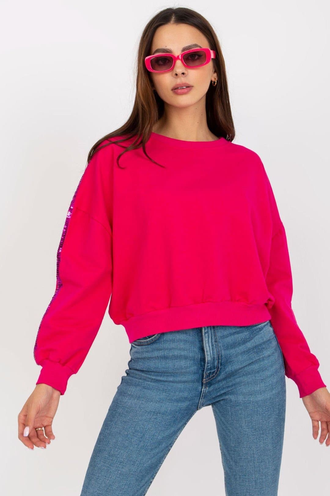 Love Lace Love Lace Women's Long Sleeve Round Neck Blouse Sequin Sleeves in Pink