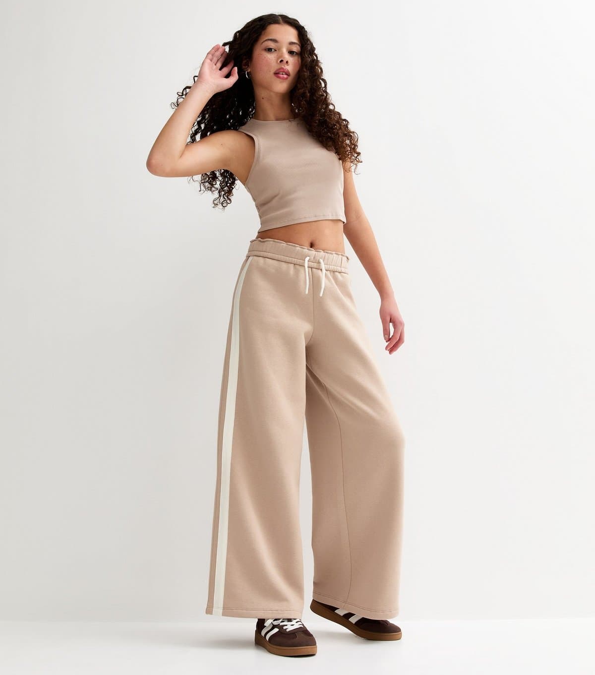 New Look Girls' Camel Fold Over Waistband Side Stripe Joggers New Look