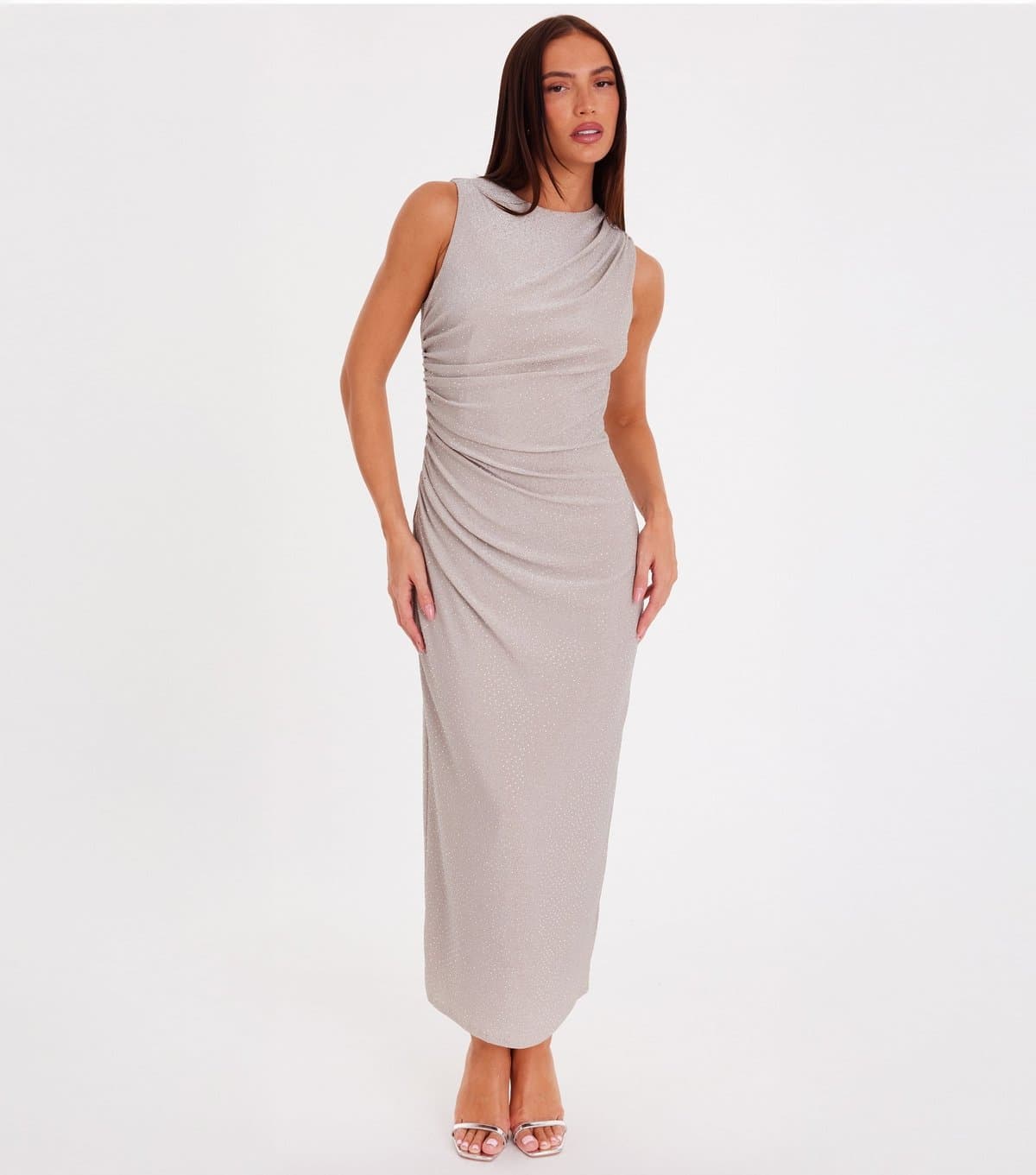 Quiz Women's Champagne Diamante Ruched Maxi Dress Quiz New Look