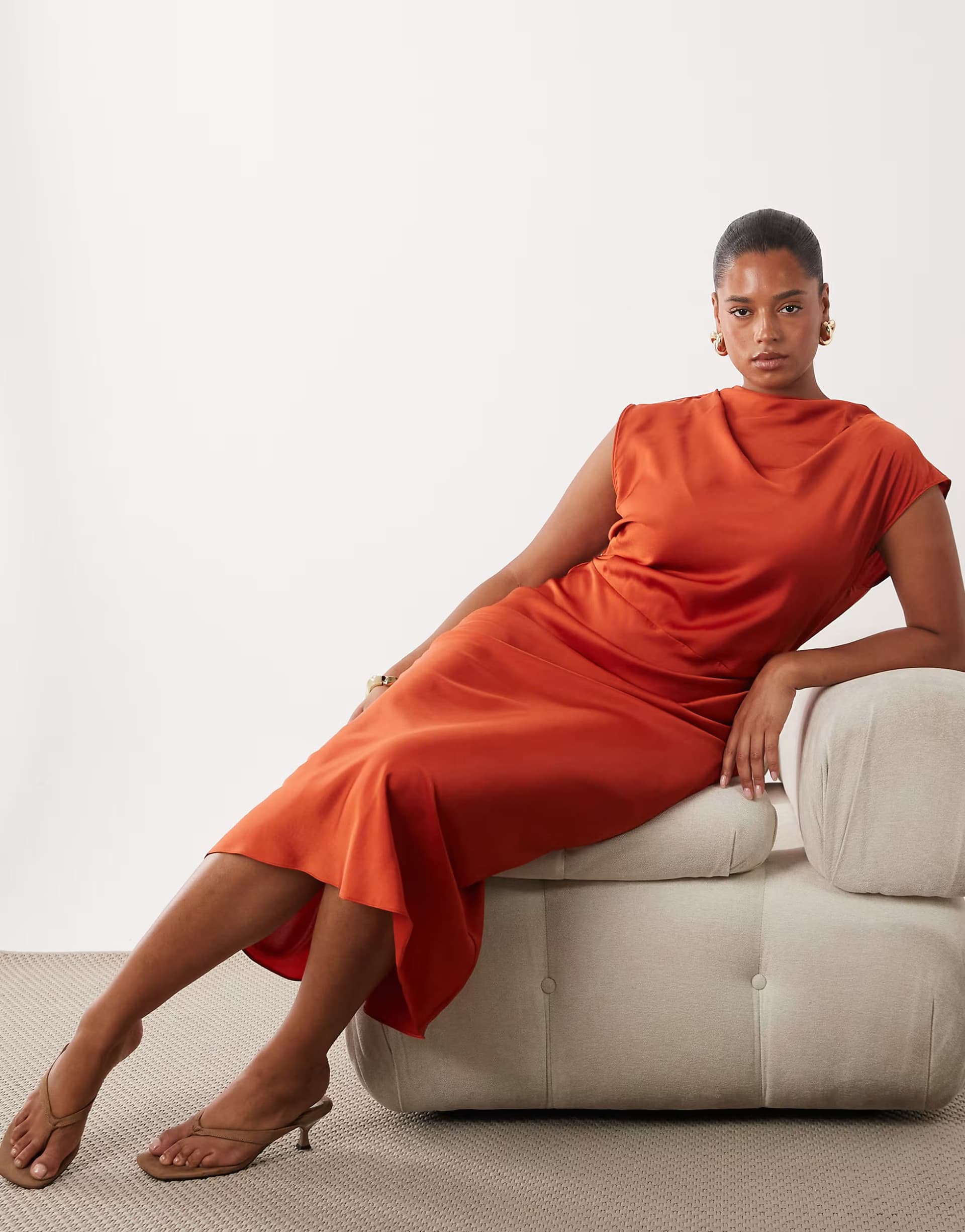 ASOS ASOS DESIGN Curve satin high neck pleated bodice midi dress in rust