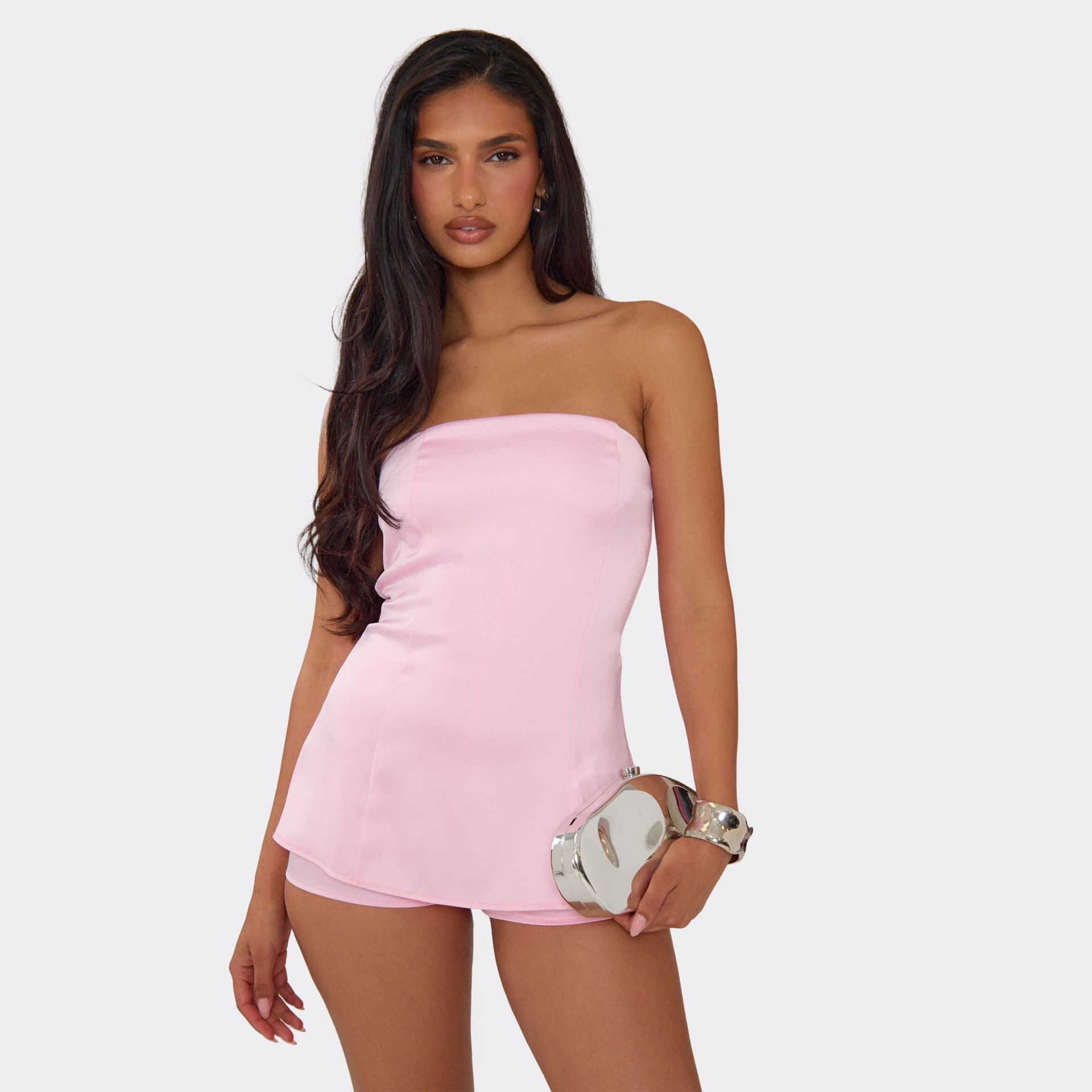 EGO Bandeau A-Line Playsuit In Baby Pink Satin, Women's Size UK 4