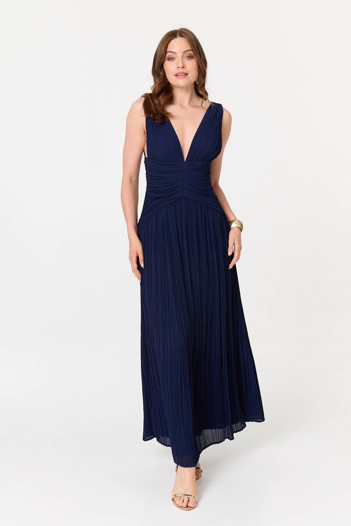 Izabel London Izabel London Women's Pleated Layered Sleeveless Maxi Dress in Navy
