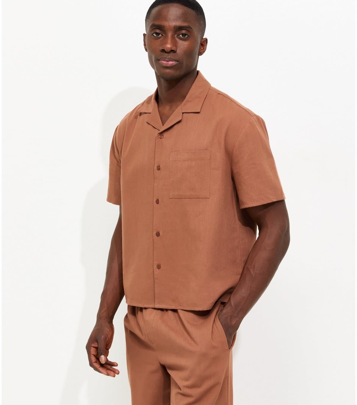 New Look Men's Burnt Orange Relaxed Fit Boxy Revere Collar Shirt New Look