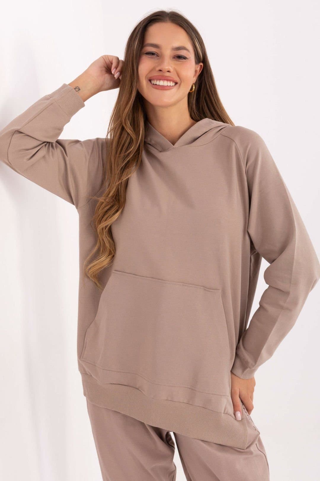 Love Lace Love Lace Women's Oversized Cotton Elastane Hooded Sweatshirt in Beige