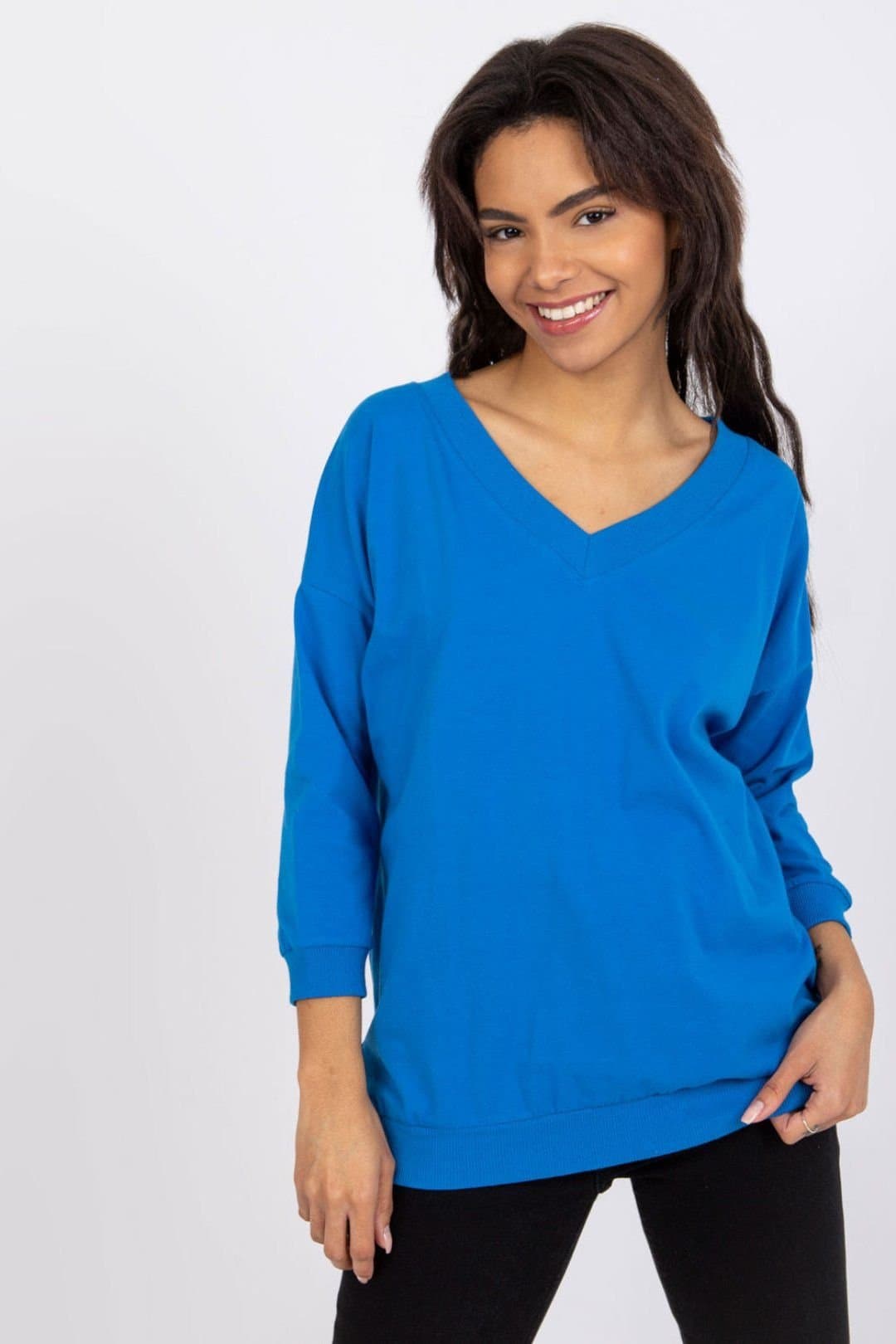 Love Lace Love Lace Women's Ribbed Cuff V Neck 3/4 Sleeve Blouse in Blue