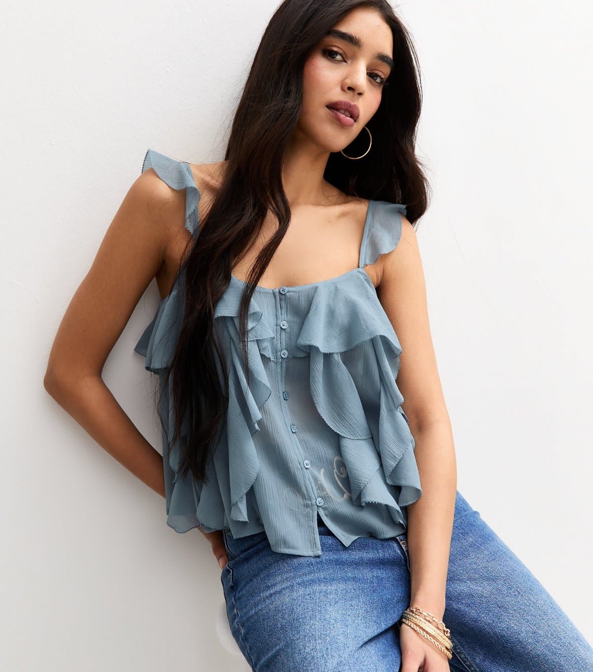 New Look New Look Light Blue Chiffon Frill Trim Cami Top