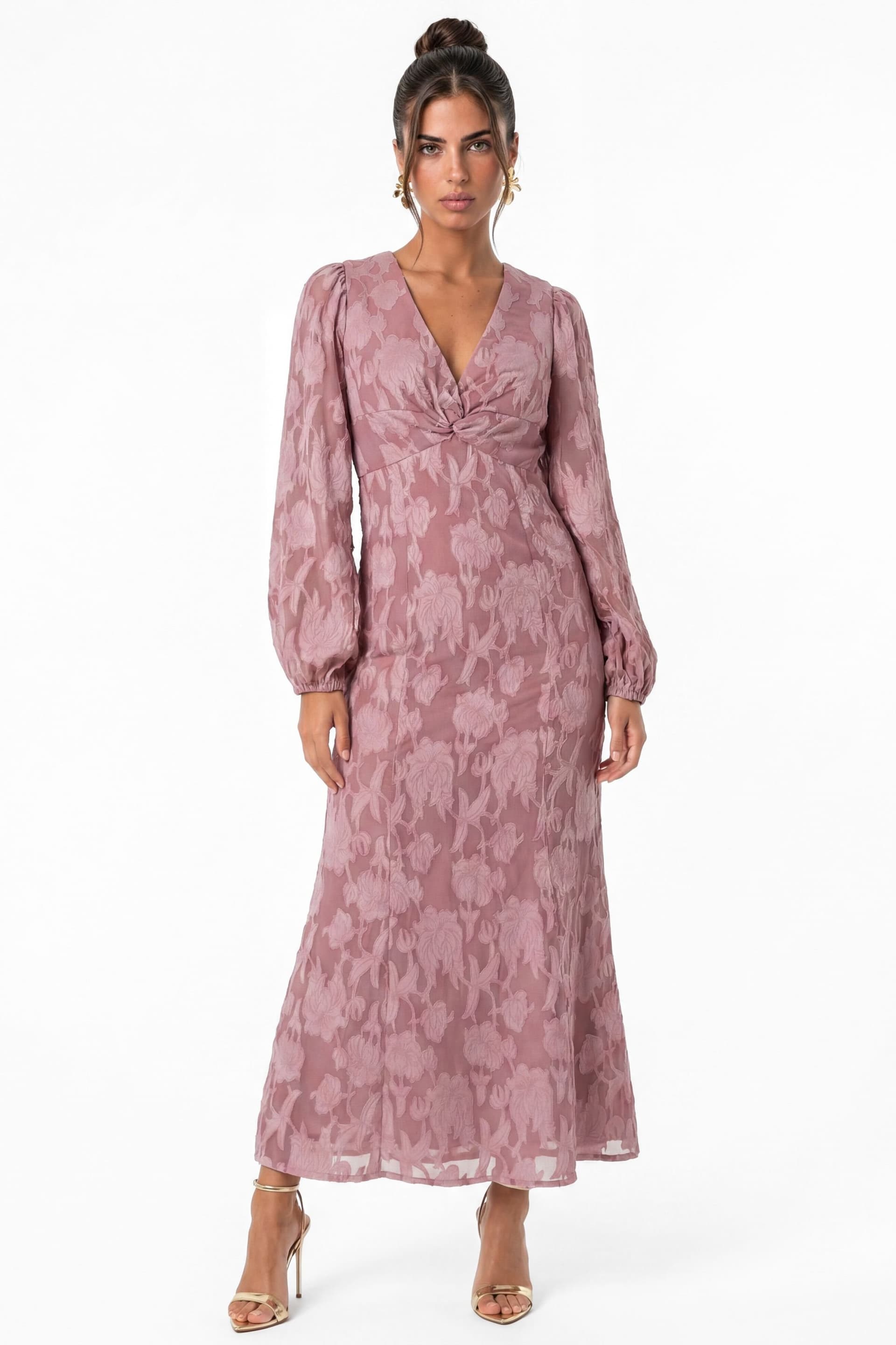 Anaya with Love Anaya with Love Women's Floral Burnout Twist Front Long Sleeve Midaxi Dress in Mauve