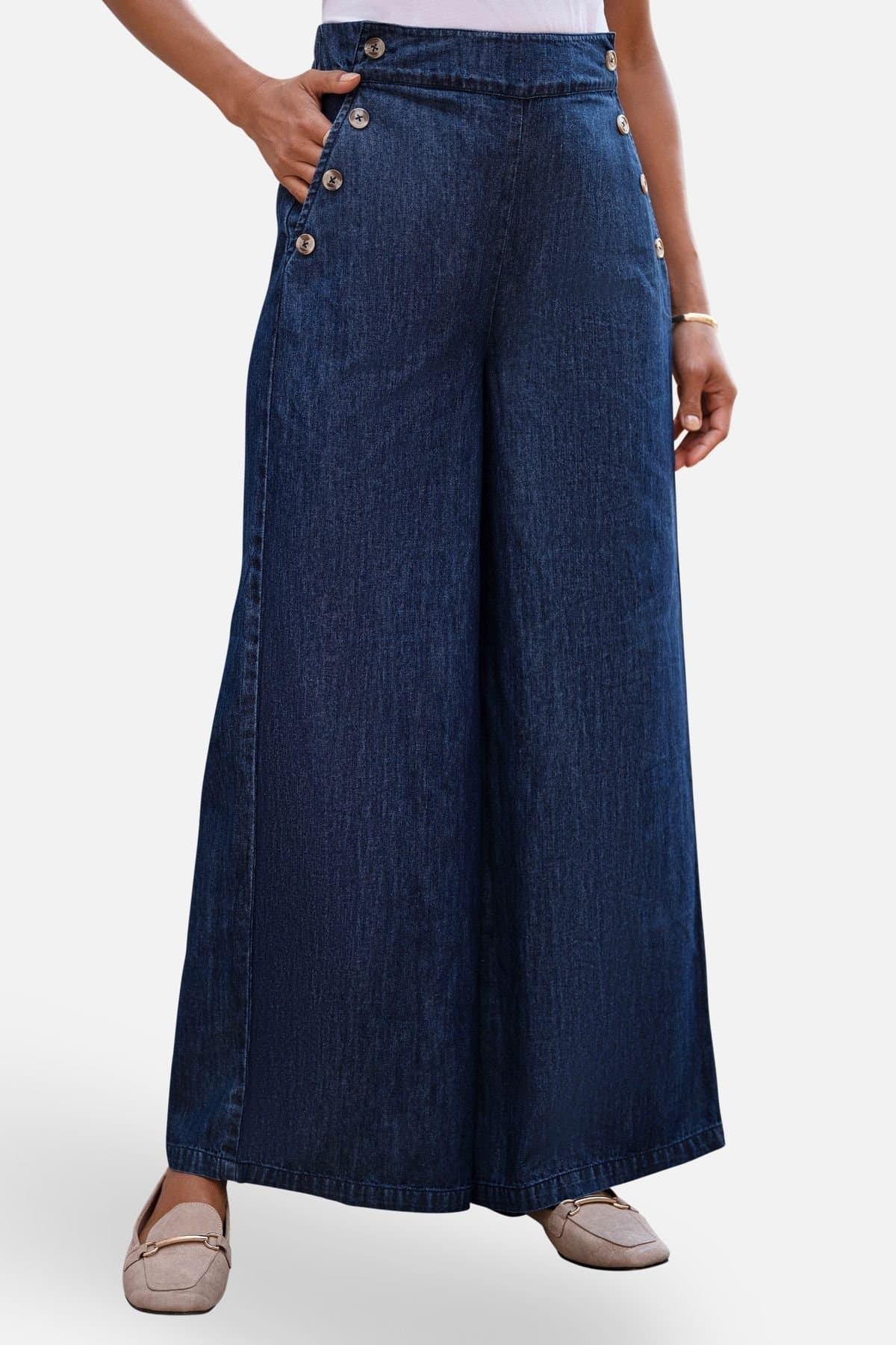 Yumi Yumi Women's Dark Indigo Chambray Wide Leg Trousers With Button