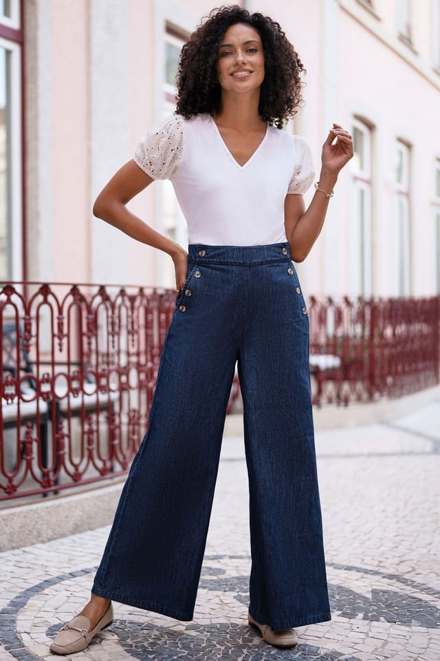 Yumi Yumi Women's Blue Chambray Wide Leg Trousers With Button Details in Dark Indigo - 3