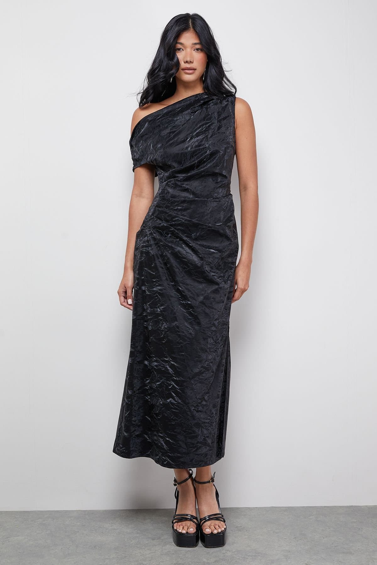 Warehouse Warehouse Women's Faux Crinkle Leather Fallen Shoulder Ruched Waist Midi Dress in Black