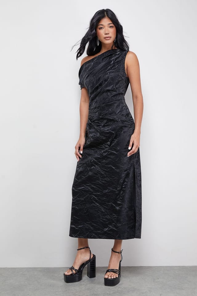 Warehouse Warehouse Women's Faux Crinkle Leather Fallen Shoulder Ruched Waist Midi Dress in Black - 2