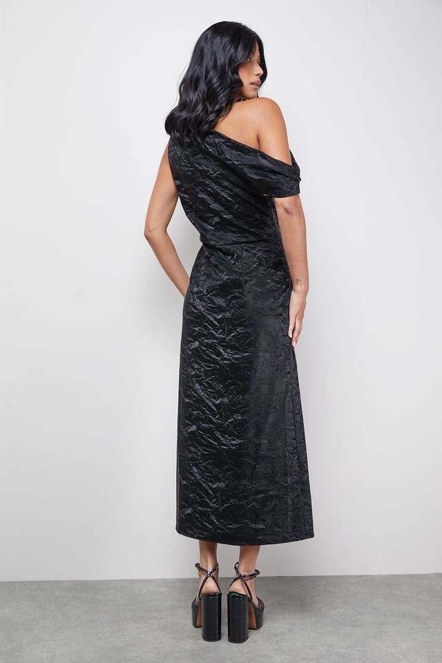 Warehouse Warehouse Women's Faux Crinkle Leather Fallen Shoulder Ruched Waist Midi Dress in Black - 3