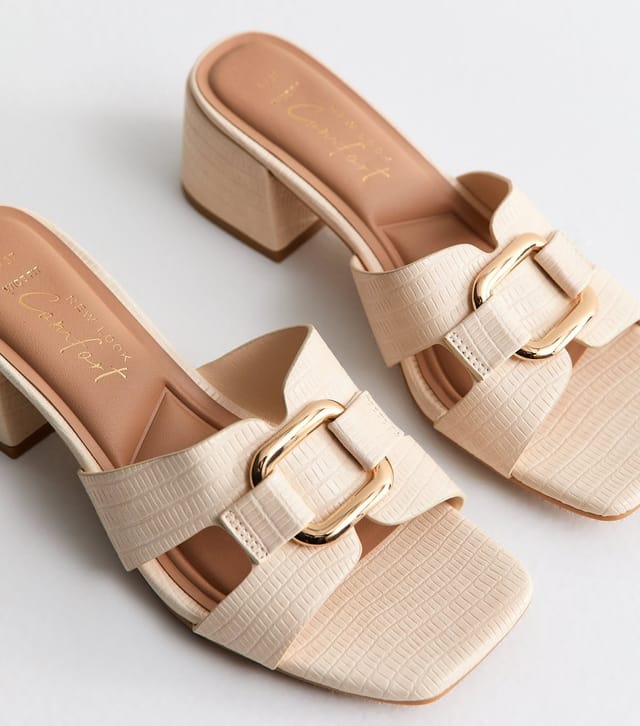 New Look Women's Wide Fit Off White Rectangle Buckle Block Heel Mules Vegan New Look - 3