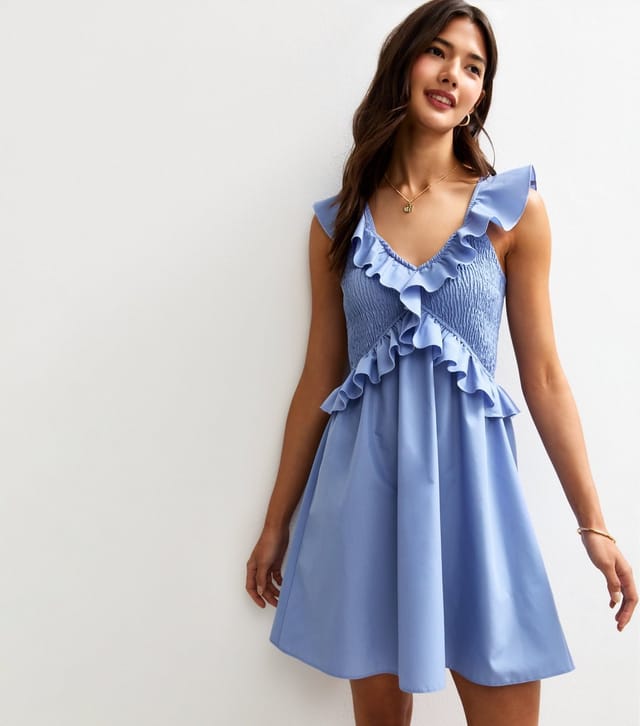 New Look Women's Blue V-Neck Ruffle Trim Shirred Bust Mini Dress New Look - 2