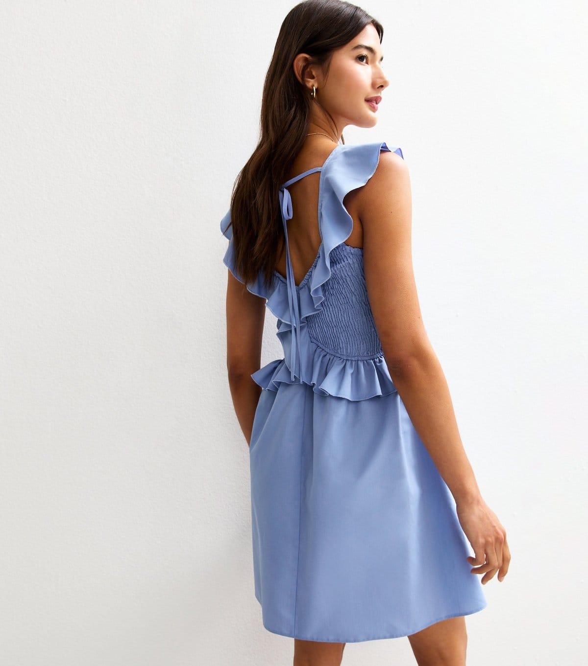 New Look Women's Blue V-Neck Ruffle Trim Shirred Bust Mini Dress New Look - 4