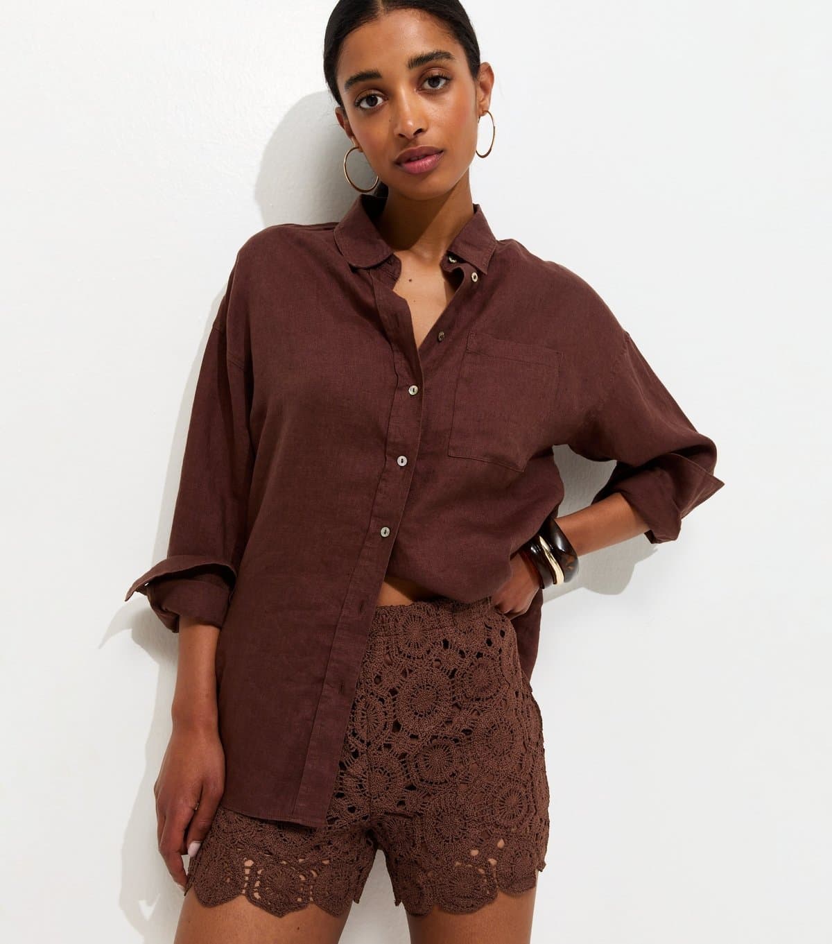 New Look Women's Dark Brown Crochet Knit Shorts New Look