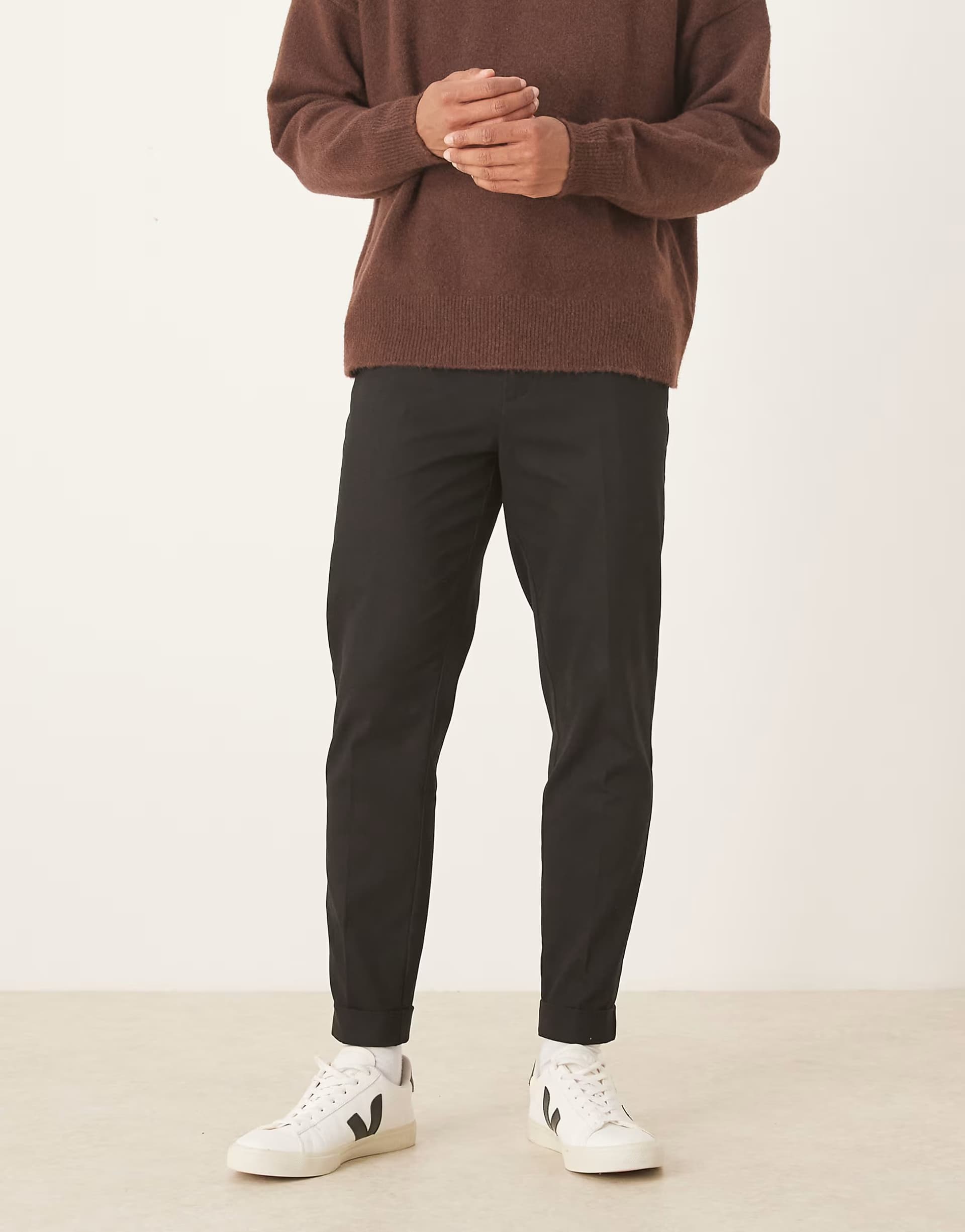ASOS ASOS DESIGN tailored 100% cotton tapered trousers with turnup in black