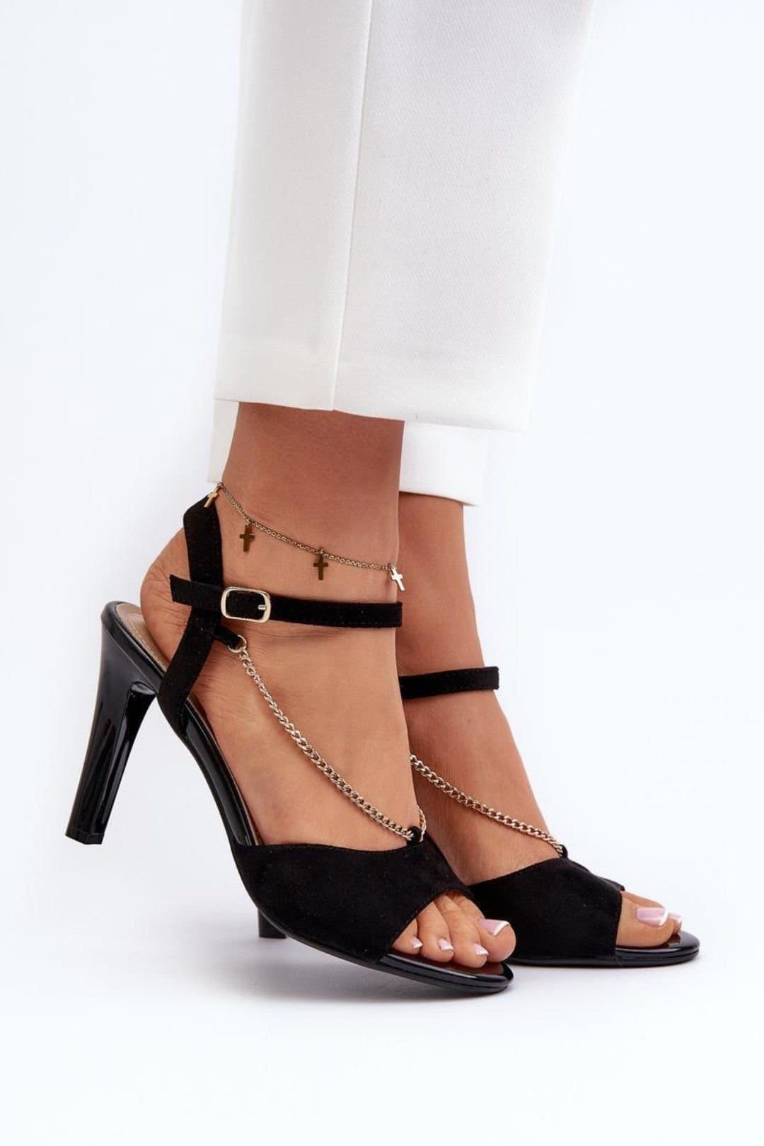 Love Lace Love Lace Women's Faux Suede Chain Stiletto Heel Sandals With Adjustable Buckle in Black