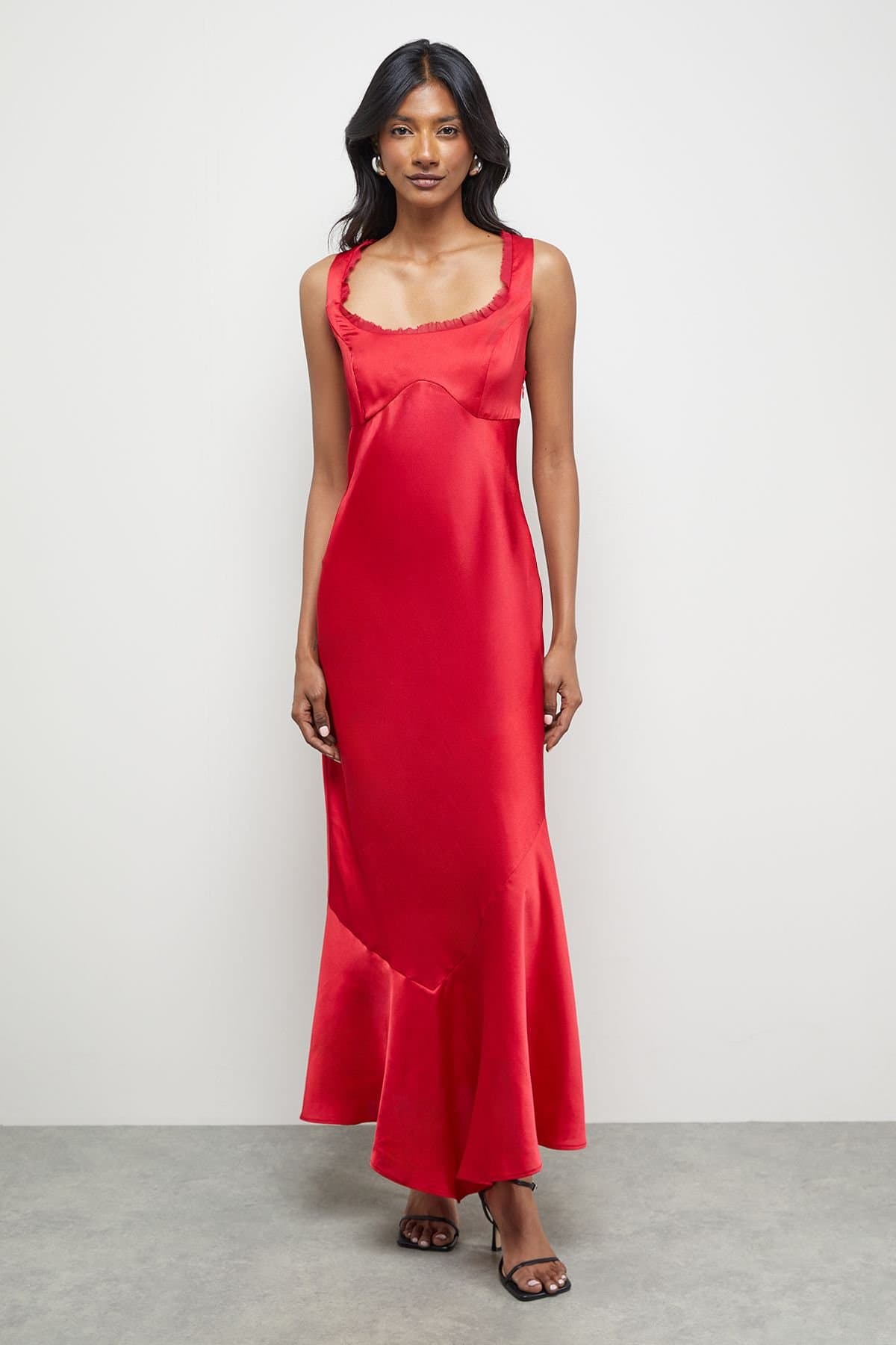 Warehouse Warehouse Women's Premium Viscose Satin Raw Edge Asymmetric Midi Slip Dress in Red