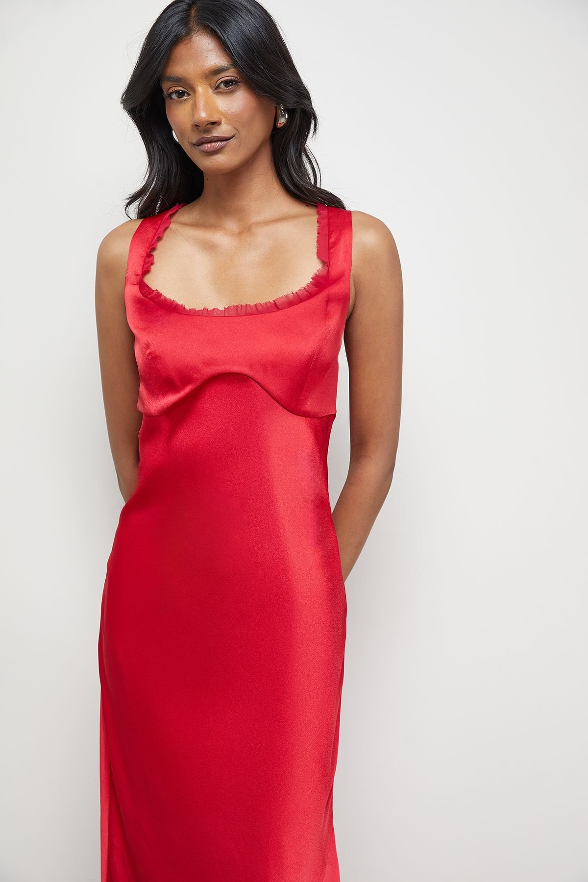 Warehouse Warehouse Women's Premium Viscose Satin Raw Edge Asymmetric Midi Slip Dress in Red - 4