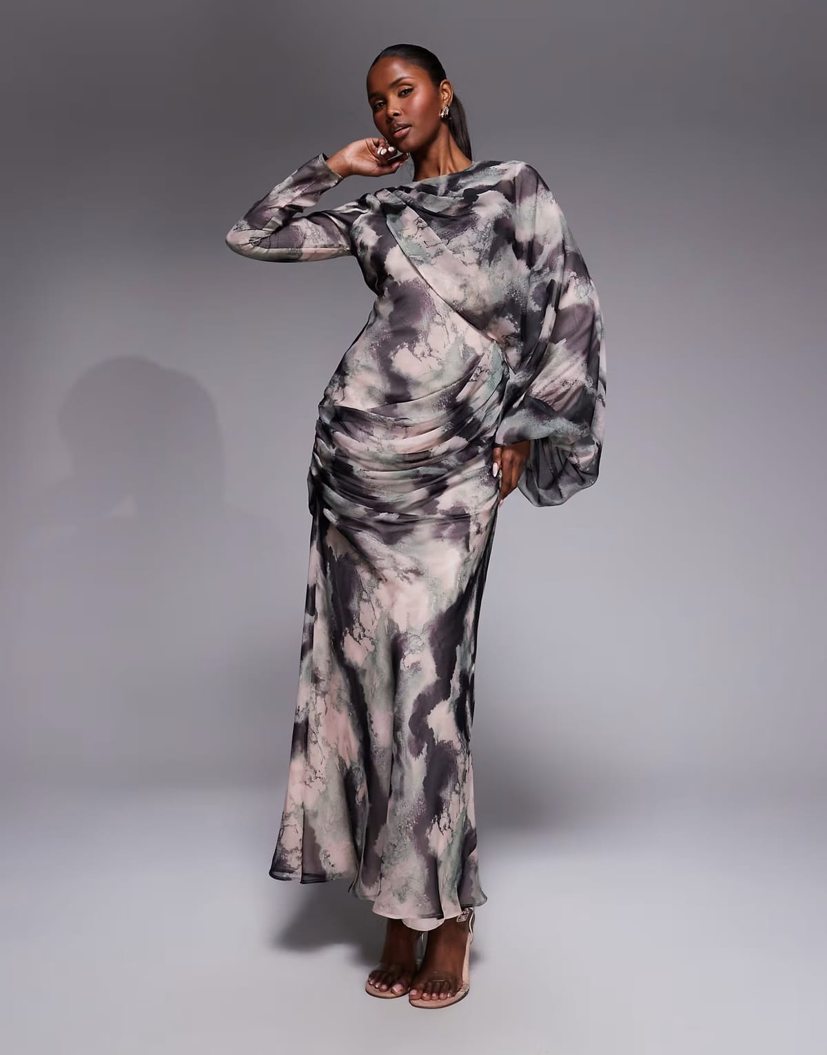 ASOS ASOS DESIGN drape front blouson sleeve maxi dress in charcoal abstract marble print - 1