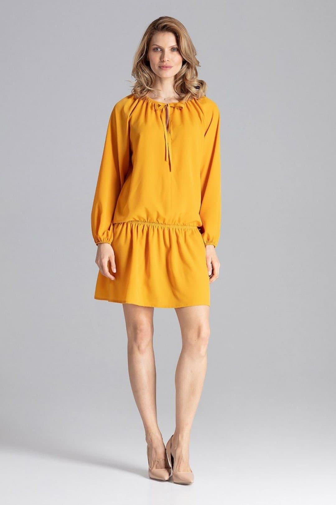 Love Lace Love Lace Women's Loose Fit Long Sleeve Dress With Adjustable Neck in Mustard