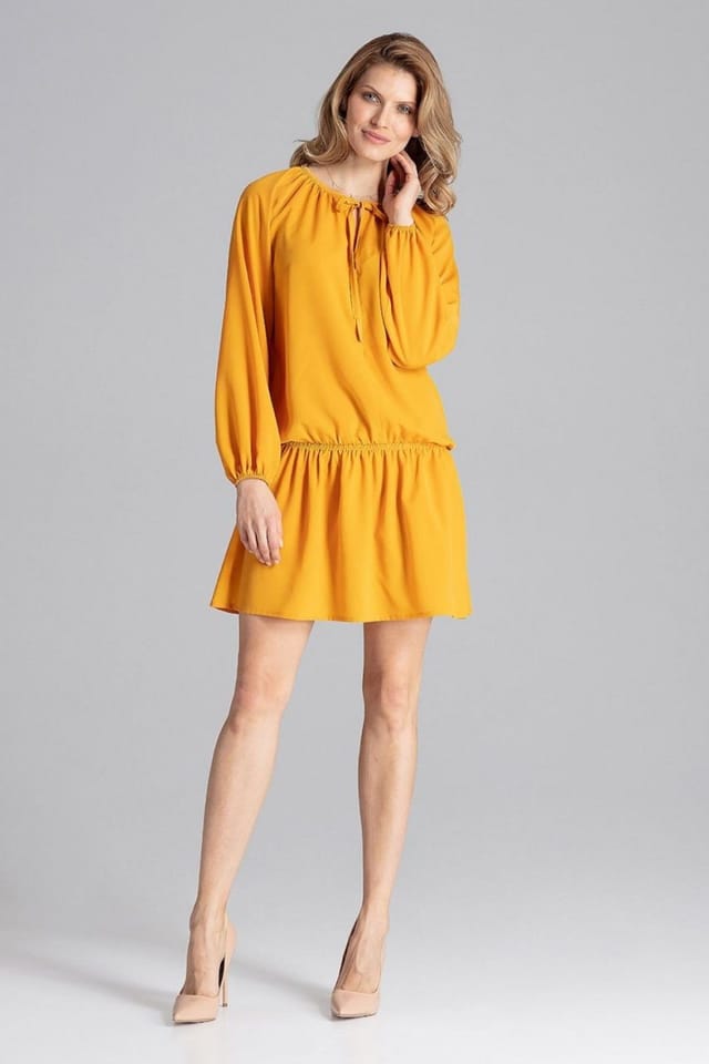 Love Lace Love Lace Women's Loose Fit Long Sleeve Dress With Adjustable Neck in Mustard - 2