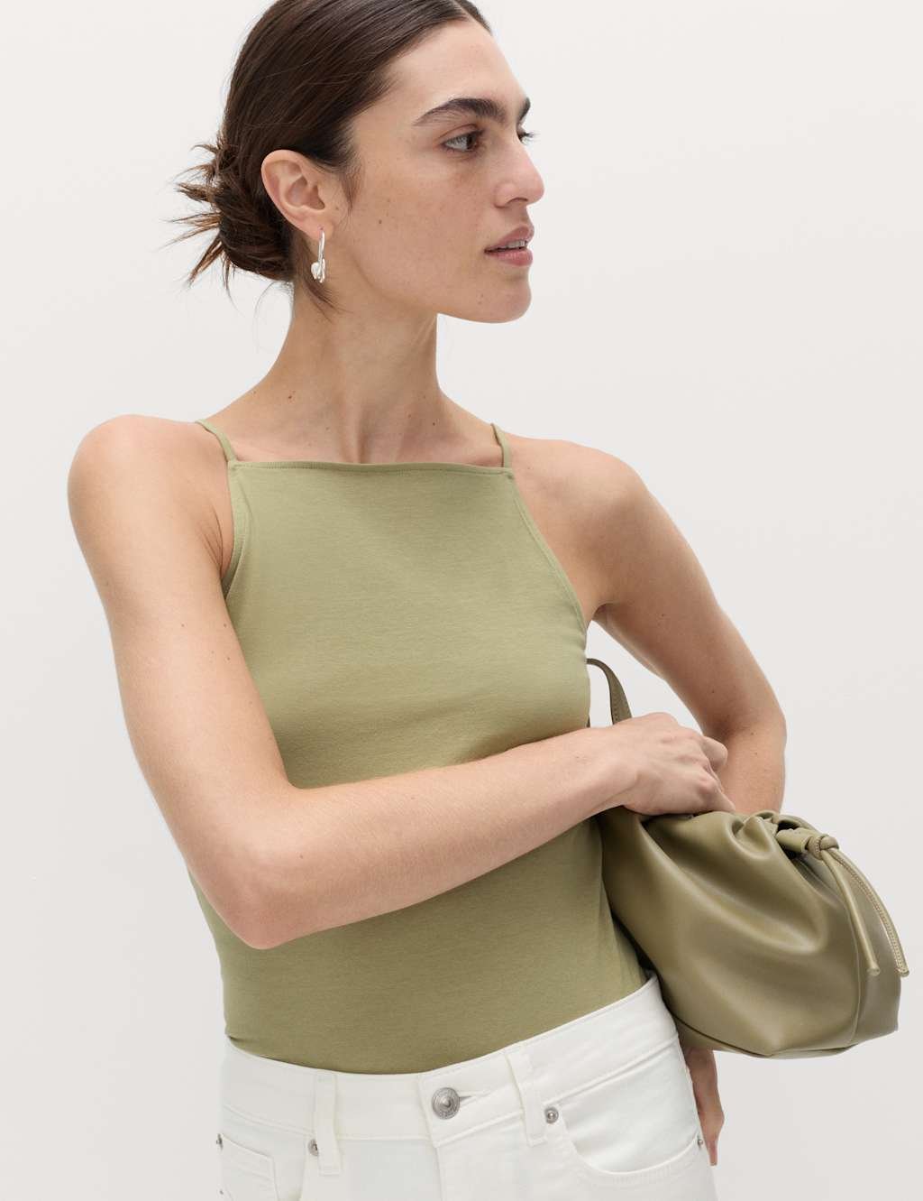 Marks & Spencer M&S Cotton Rich Square Neck Spaghetti Strap Vest Light Khaki - 1