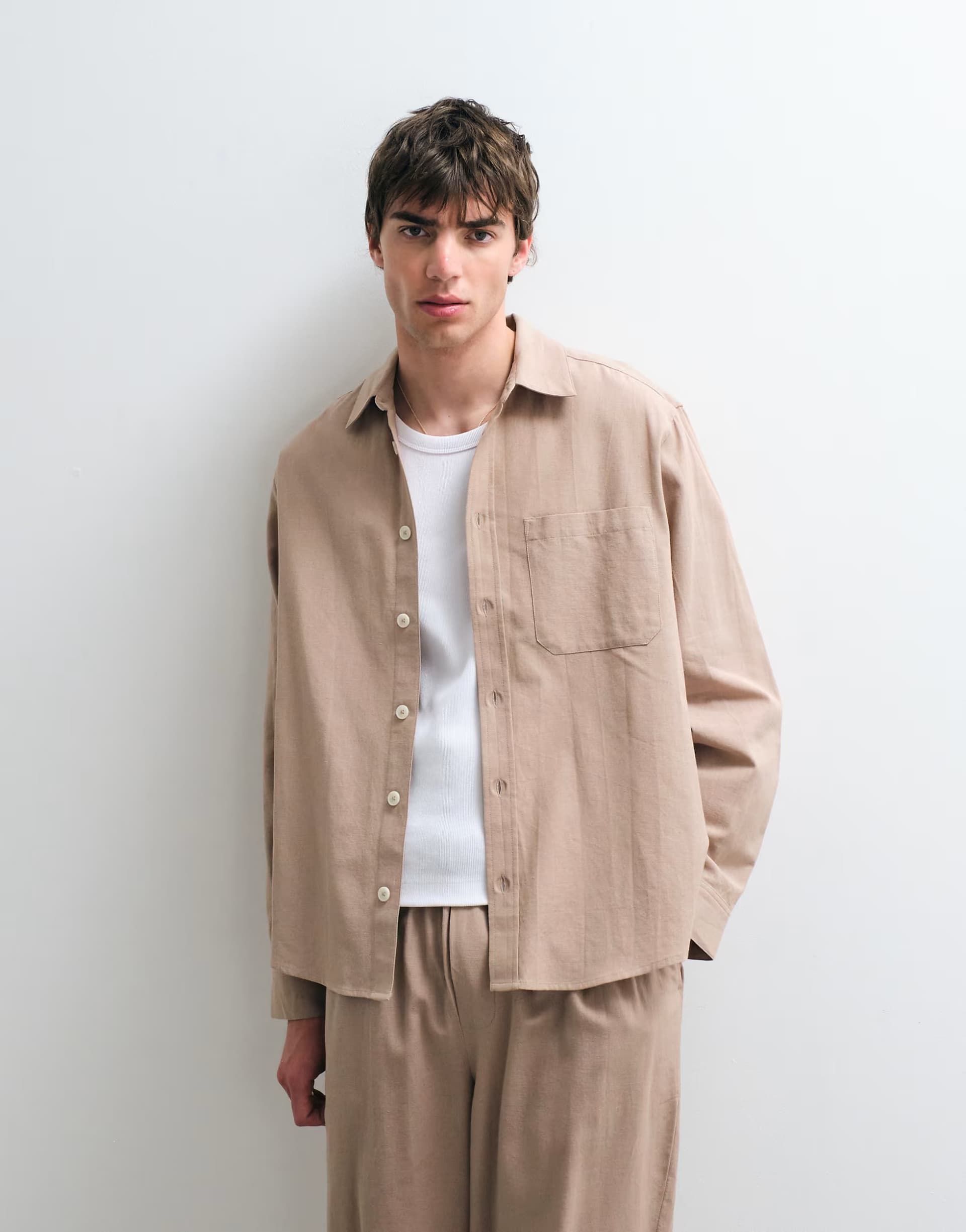 ASOS ASOS COLLECTIVE co-ord oversized long sleeve cotton shirt with linen in beige