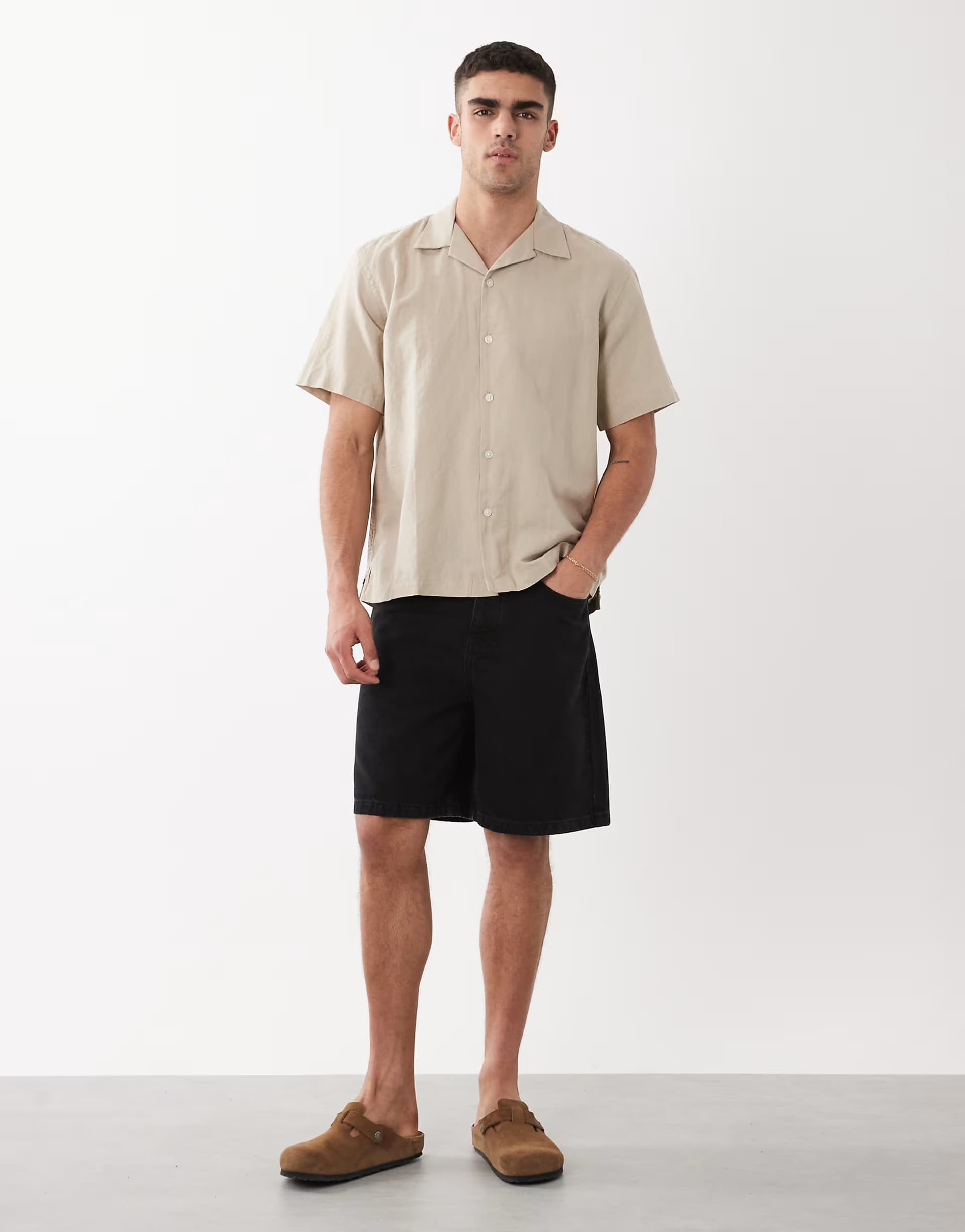 ASOS Selected linen blend short sleeve shirt in beige