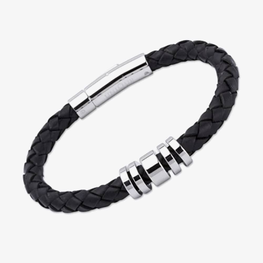 Unique Unique Men's Stainless Steel 5 Ring 21cm Black Leather Bracelet A65BL