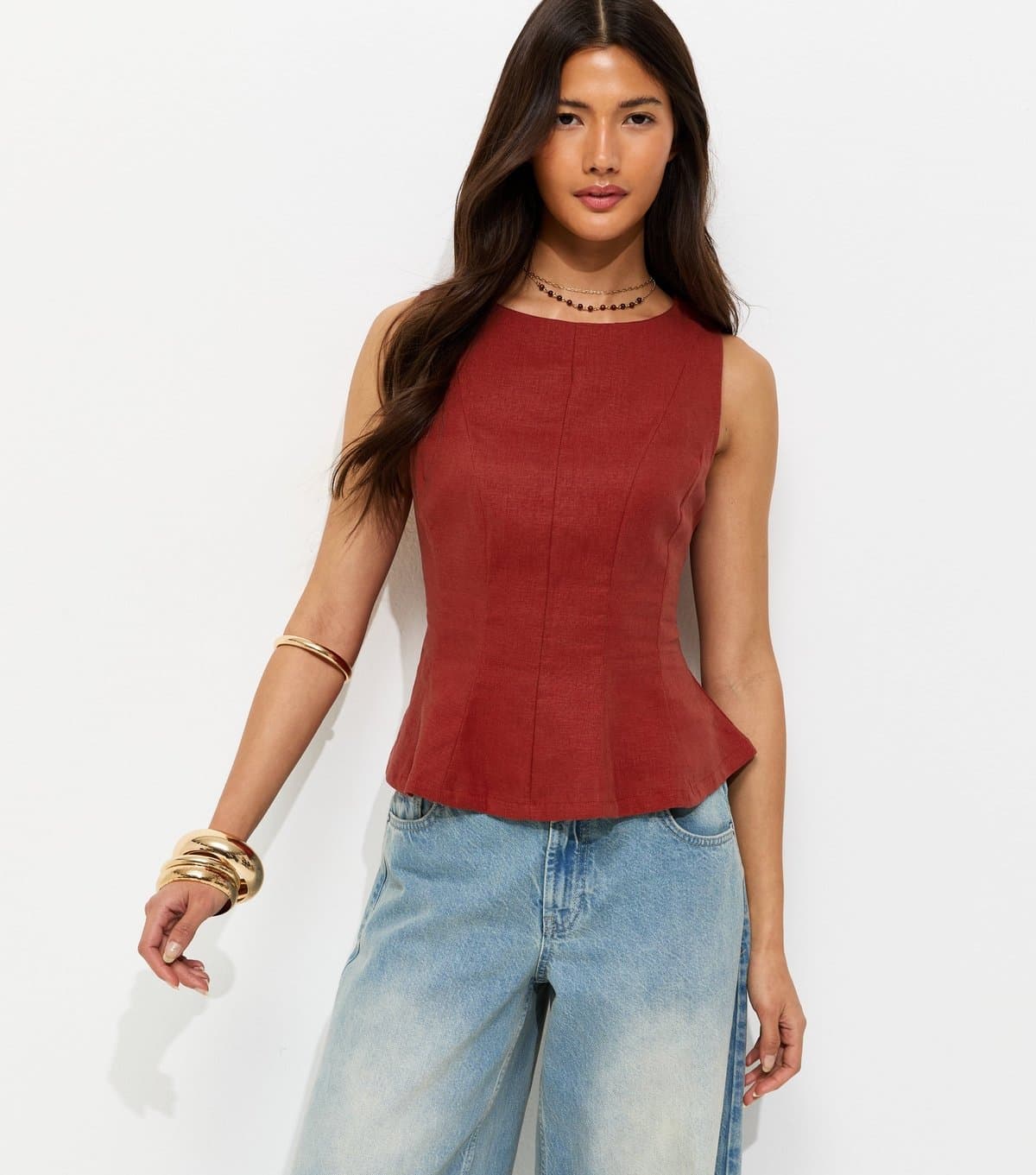 New Look Women's Red Linen Blend Peplum Top New Look