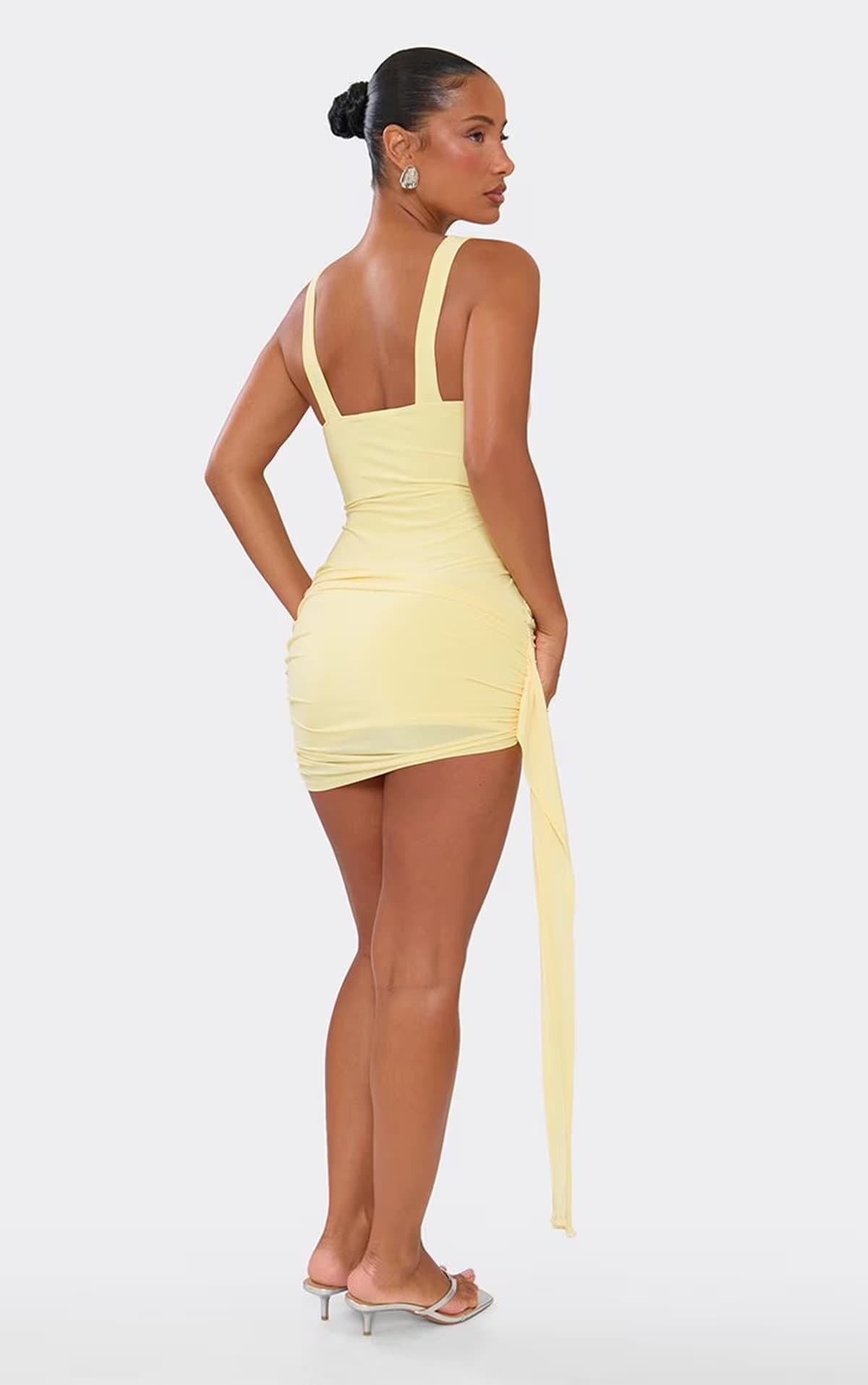 EGO Scoop Neck Side Drape Detail Ruched Mini Dress In Lemon, Women's Size UK 6
