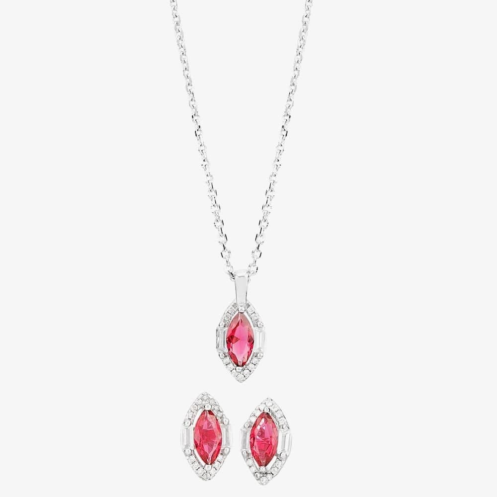T.H.Baker T.H.Baker Women's Silver Red Cubic Zirconia Marquise Pendant & Earrings Set SET14197