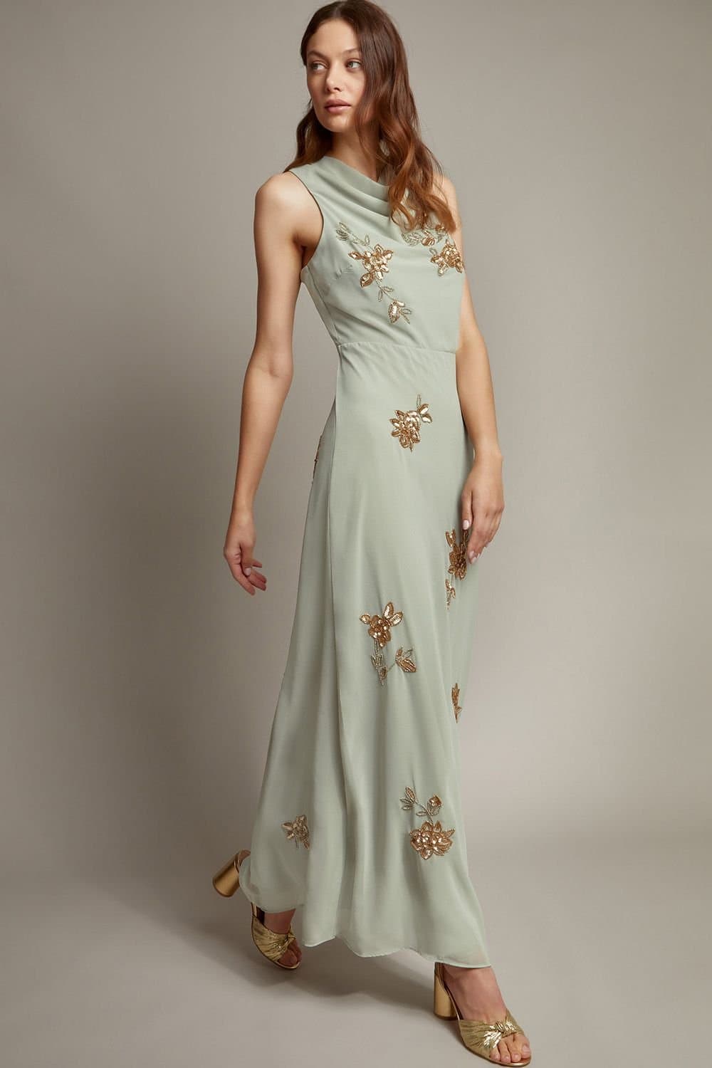 Monsoon Monsoon Women's Sarah Embellished Cowl Neck Maxi Dress Green