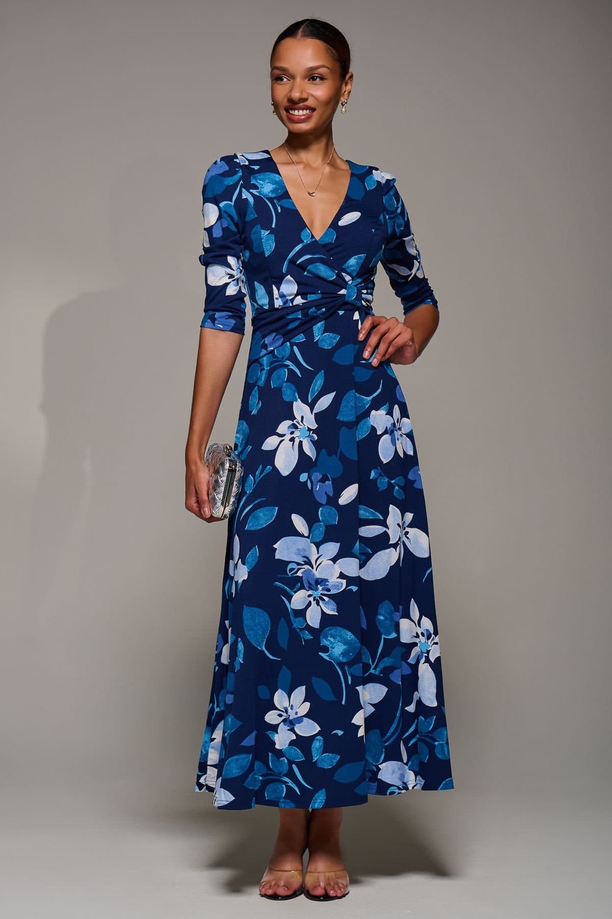 Jolie Moi Jolie Moi Women's Jersey Ruched Waist Fit & Flare Maxi Dress in Navy