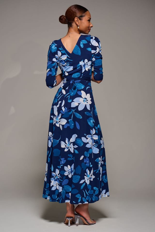 Jolie Moi Jolie Moi Women's Jersey Ruched Waist Fit & Flare Maxi Dress in Navy - 2