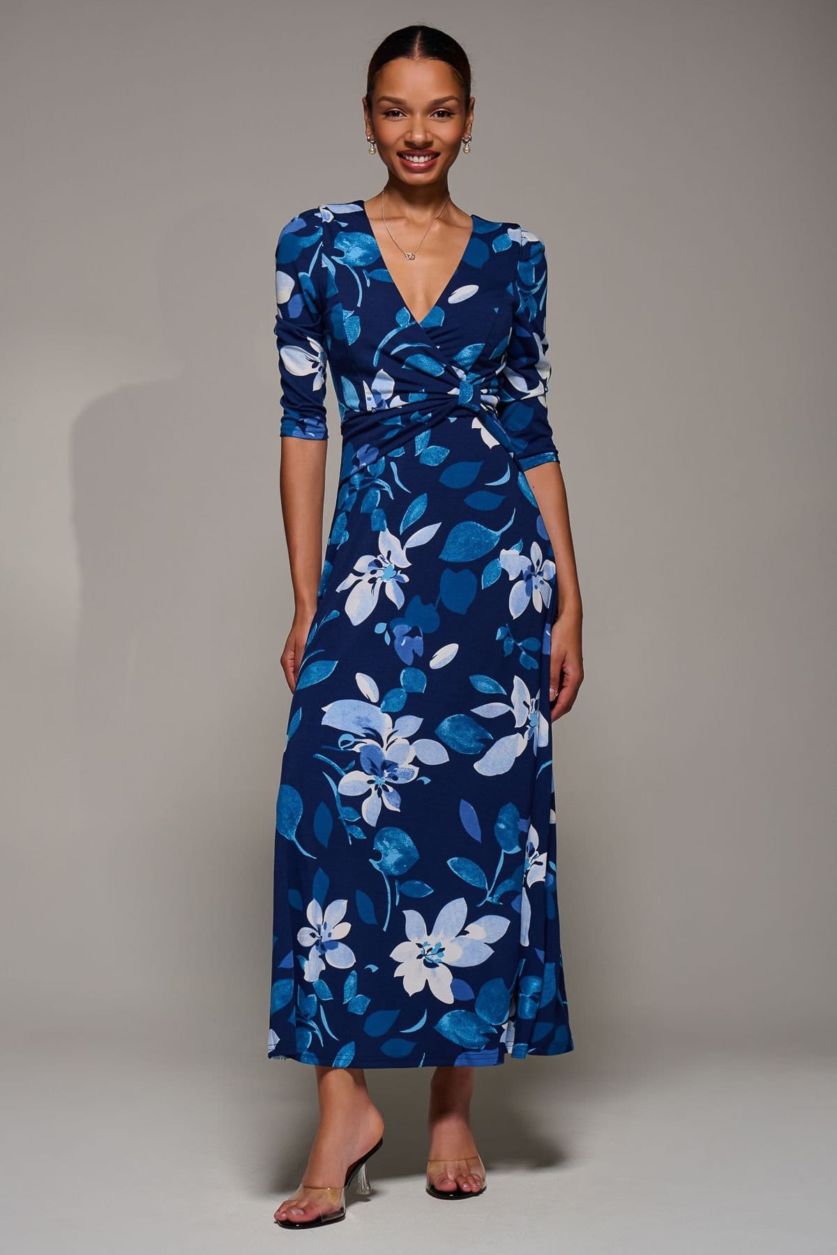 Jolie Moi Jolie Moi Women's Jersey Ruched Waist Fit & Flare Maxi Dress in Navy - 4