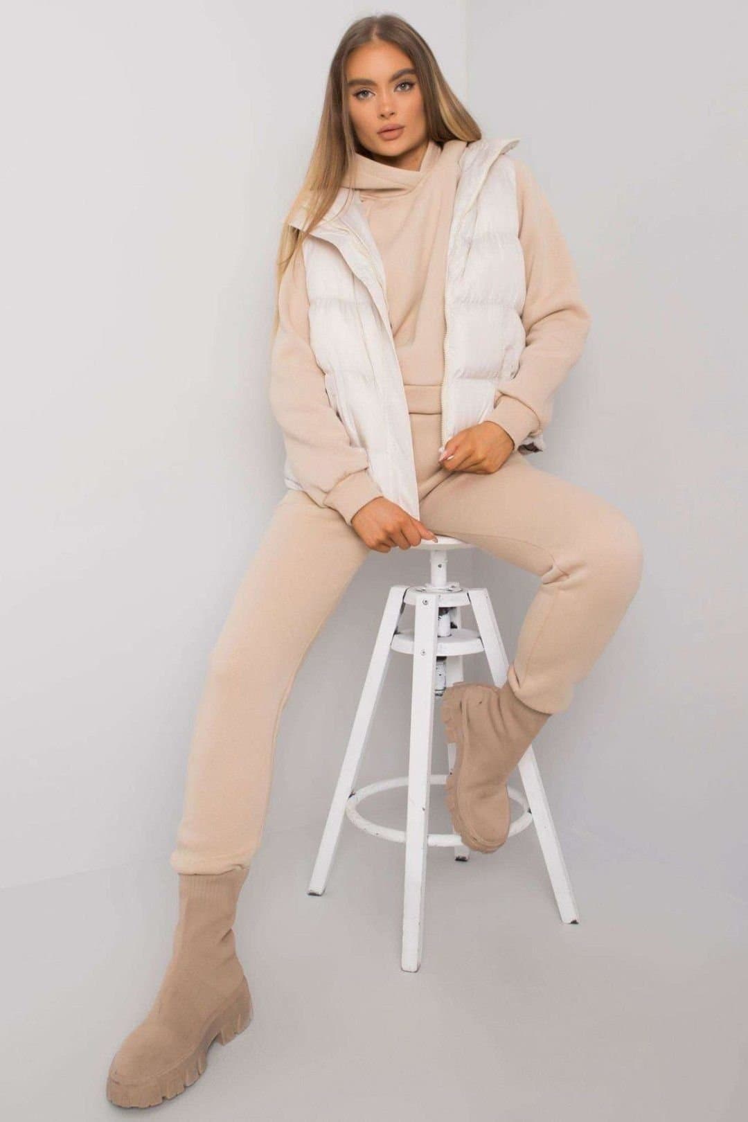 Love Lace Love Lace Women's Down Vest Hoodie Sweatshirt Jogger Set in Beige