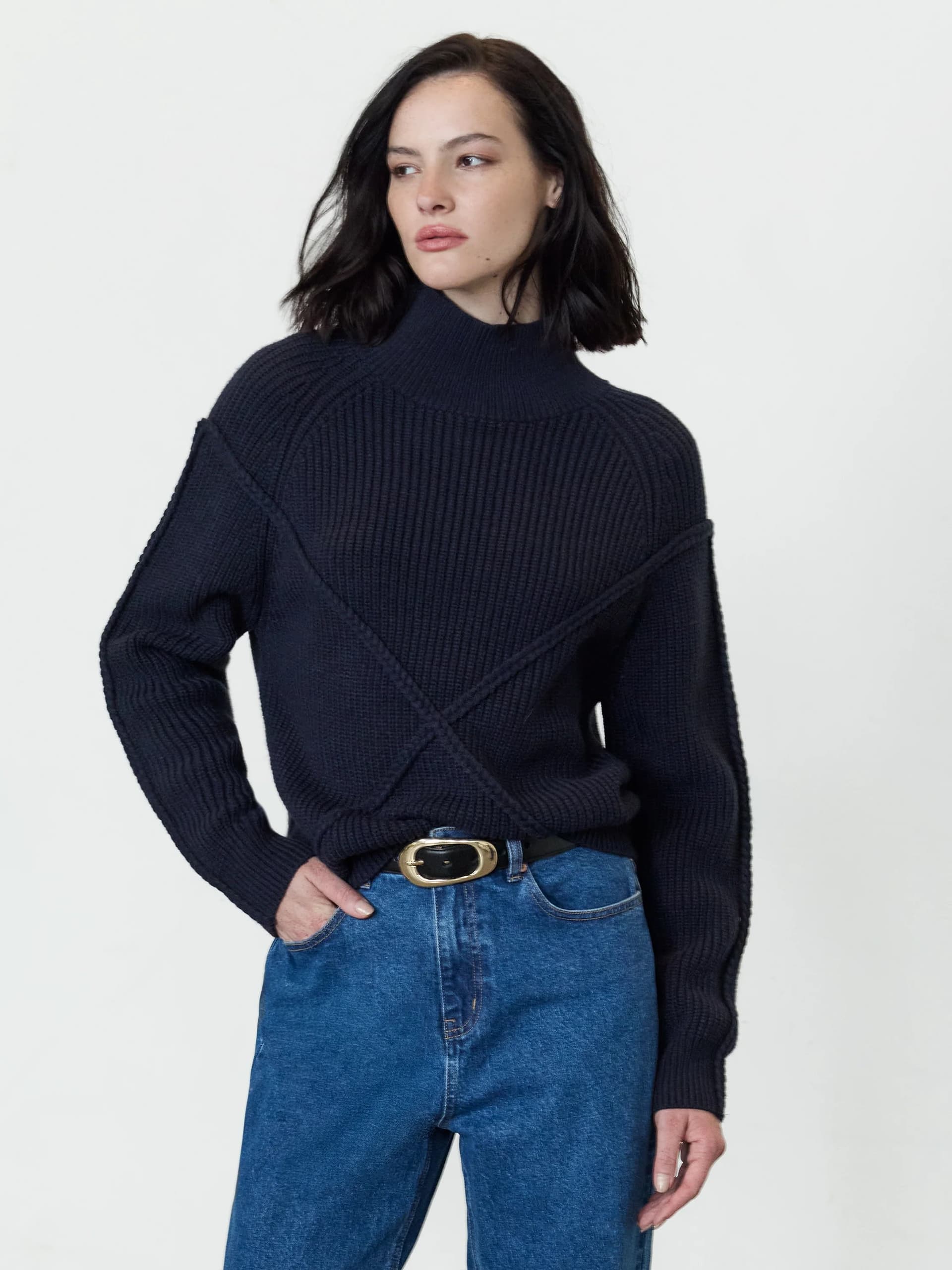 French Connection Ardea Navy Cross Detail Funnel Neck Jumper Midnight Blue