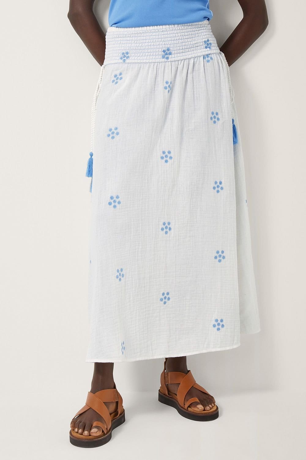 Monsoon White Daisy Embroidered Floral Midi Skirt
