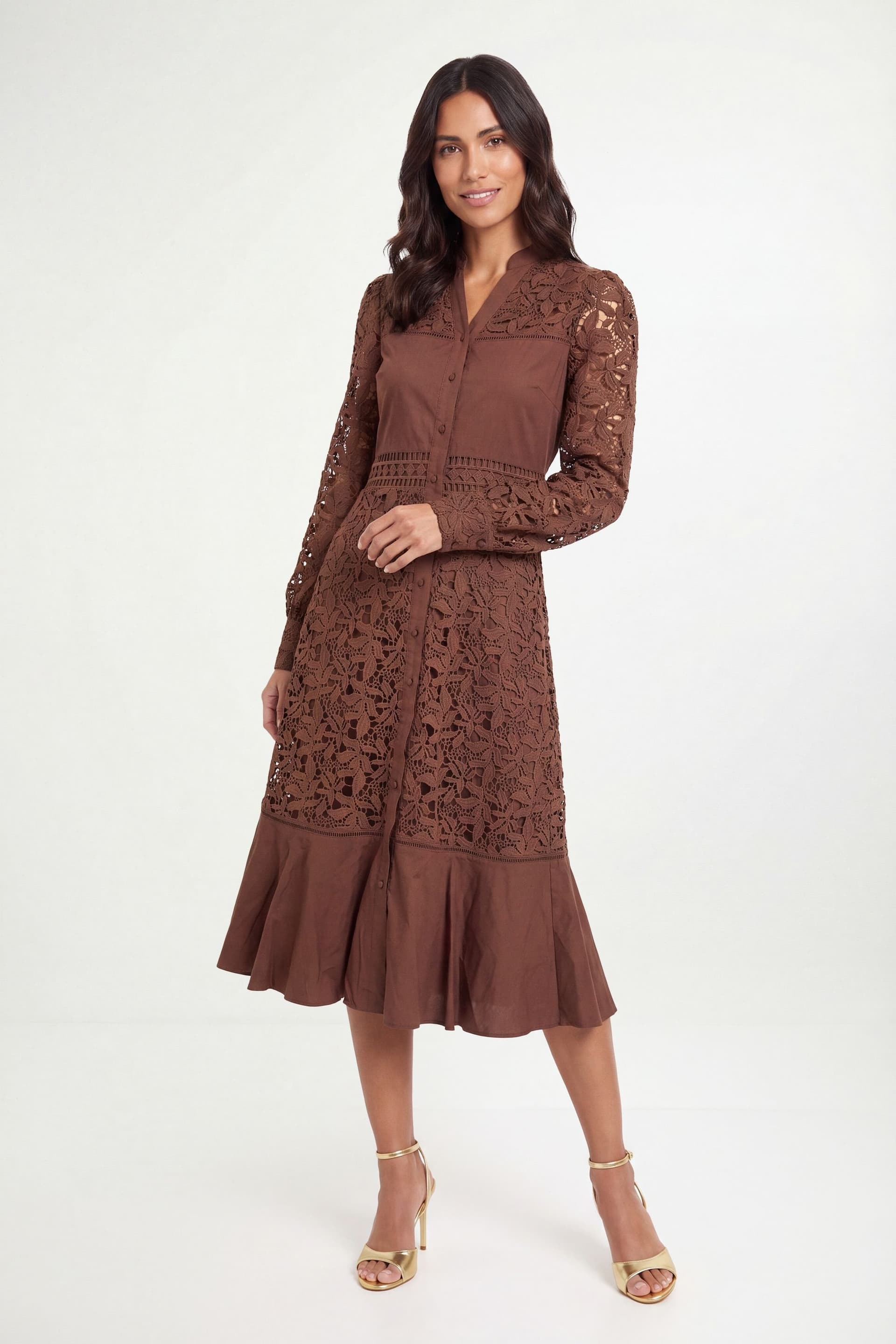 Wallis Wallis Women's Lace Insert Cotton Shirt Dress in Chocolate