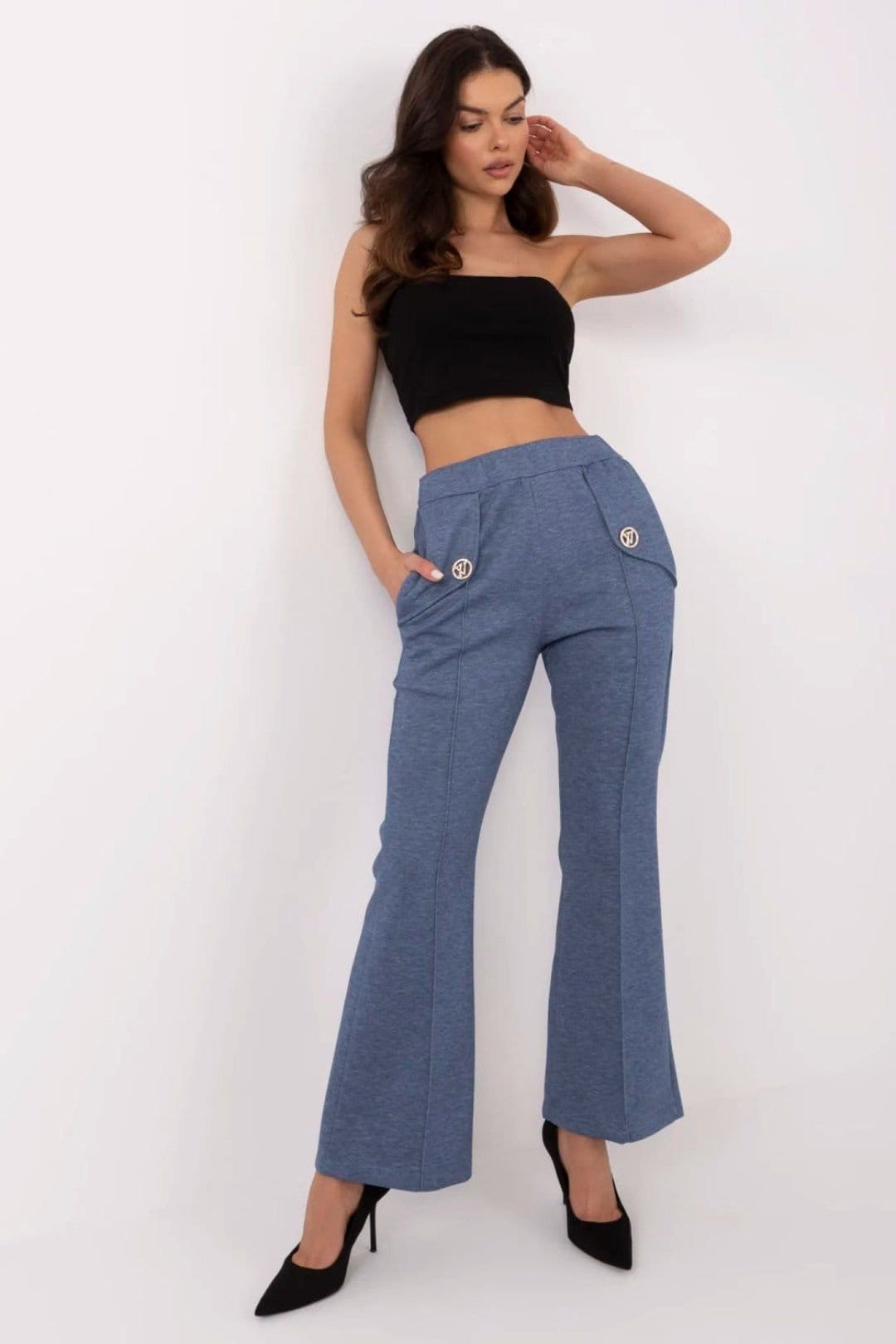 Love Lace Blue High Waist Flared Sweatpants with Brooch