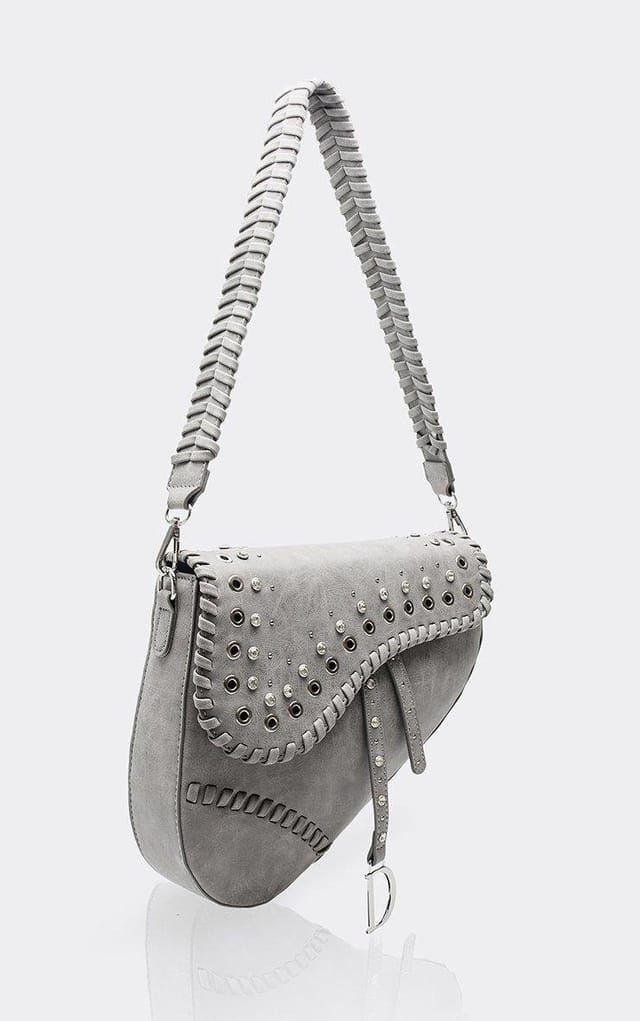EGO Dree Eyelet Stud Detail Saddle Shoulder Bag In Grey Faux Leather, Women's Size UK 0 - 2