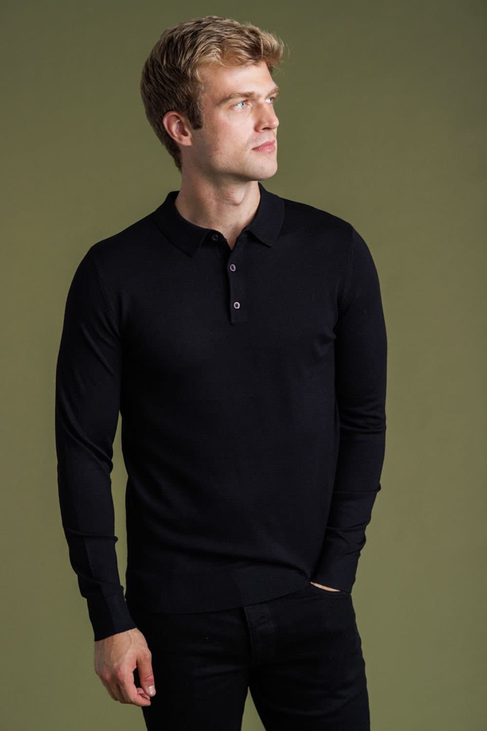 French Connection French Connection Men's Long Sleeve Button Knitted Polo Top in Black