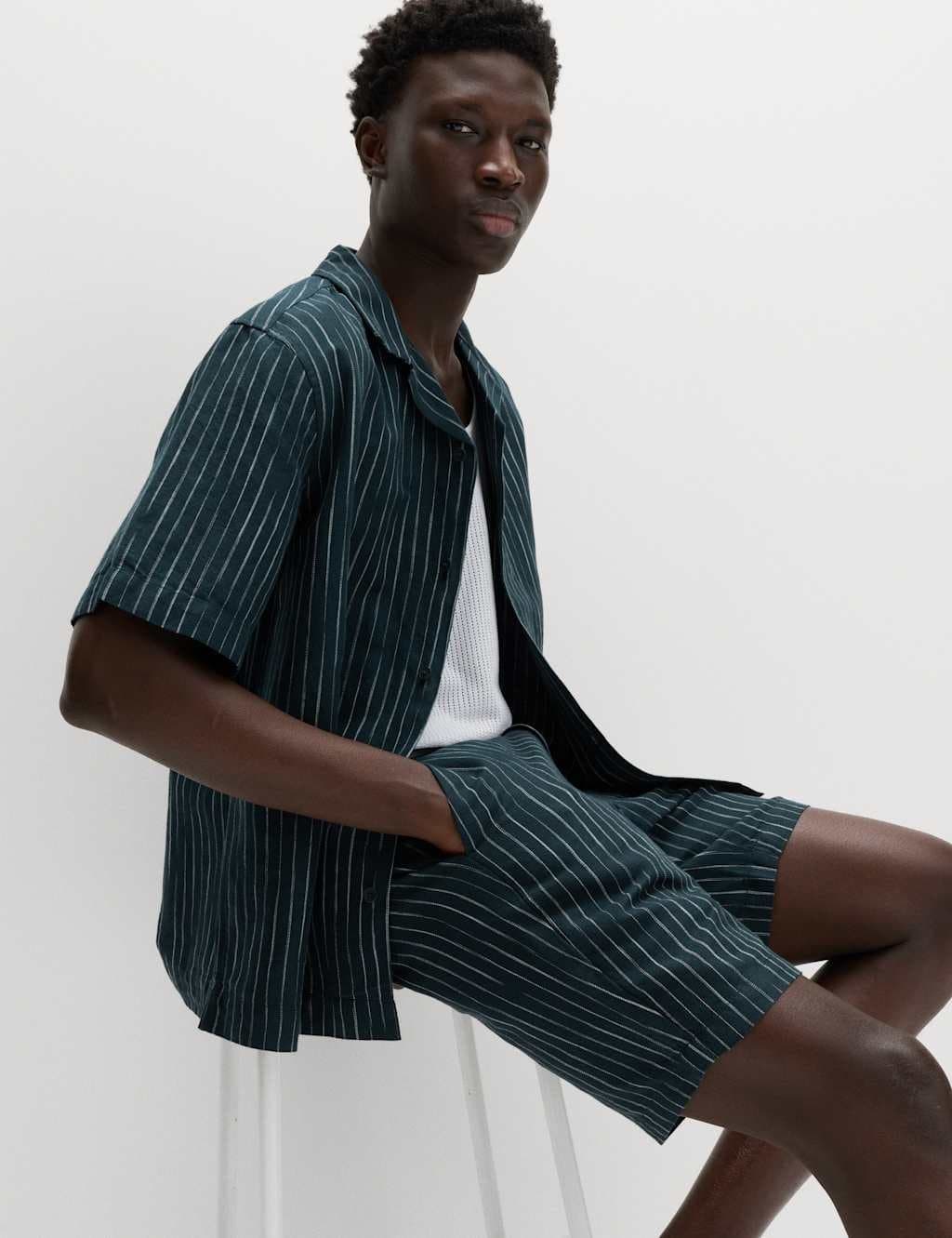 Marks & Spencer M&S Linen Blend Chino Shorts Navy Stripe