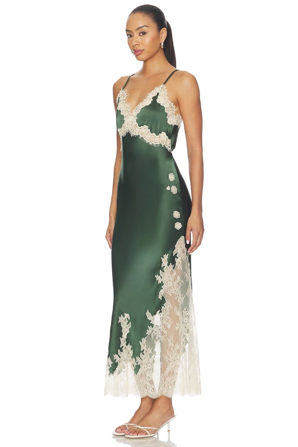 revolve Revolve Dark Fern & Biscotti Satin Slip Dress With Lace Trim