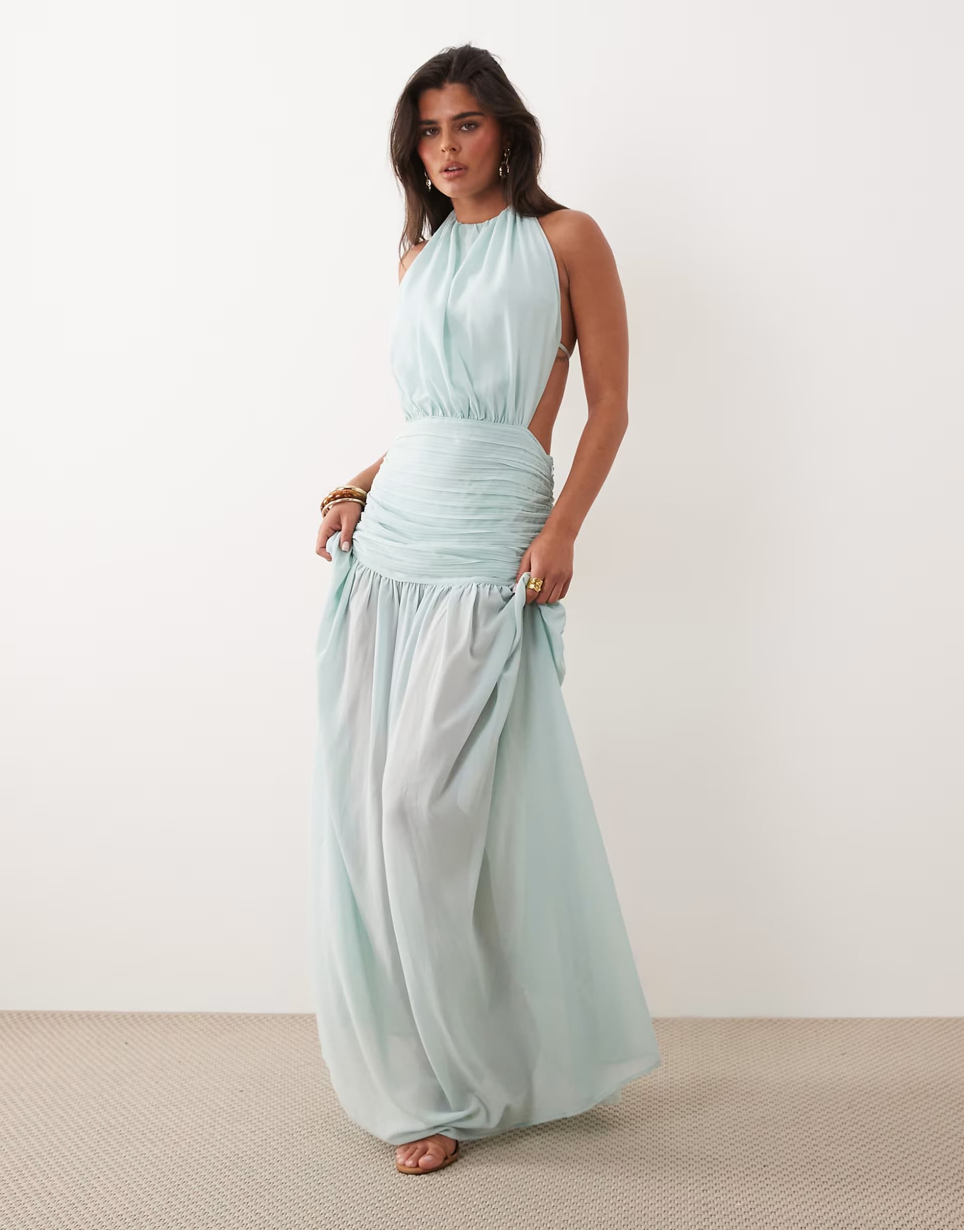 ASOS Noughts & Kisses halterneck pleated cinch waist sheer hem maxi dress in light blue